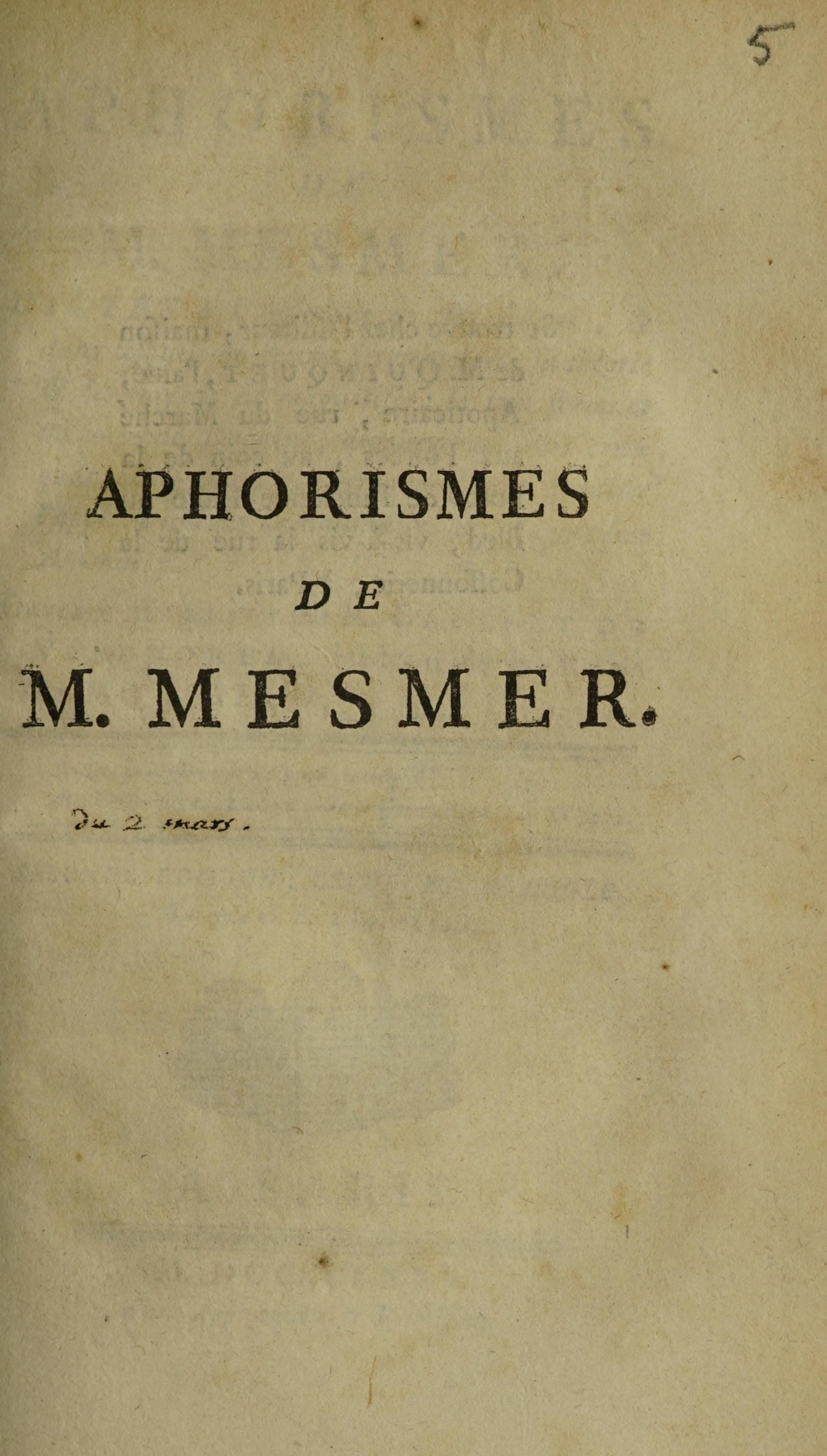Aphorismes de M. Mesmer, dictés à l'assemblée de ses élèves