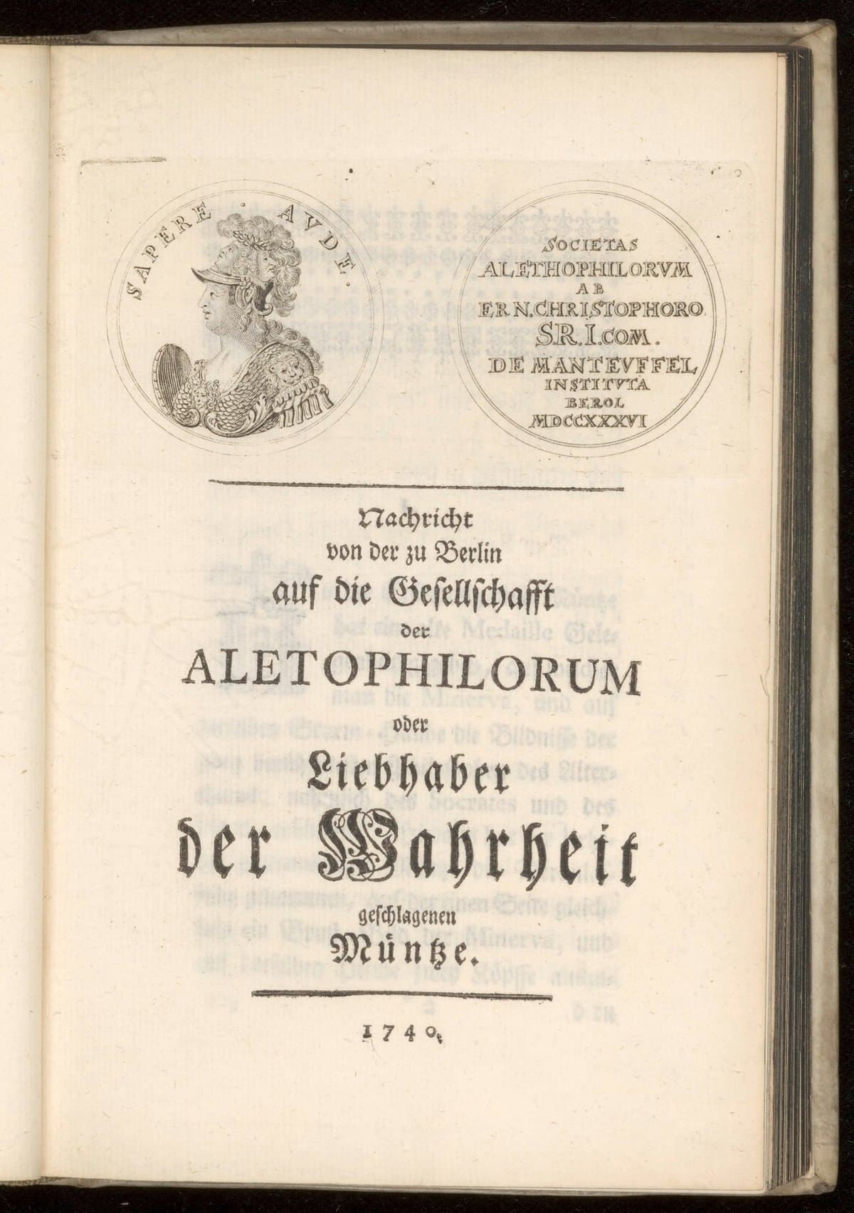 Nachricht von der zu Berlin auf die Gesellschafft der Aletophilorum oder Liebhaber der Wahrheit geschlagenen Müntze