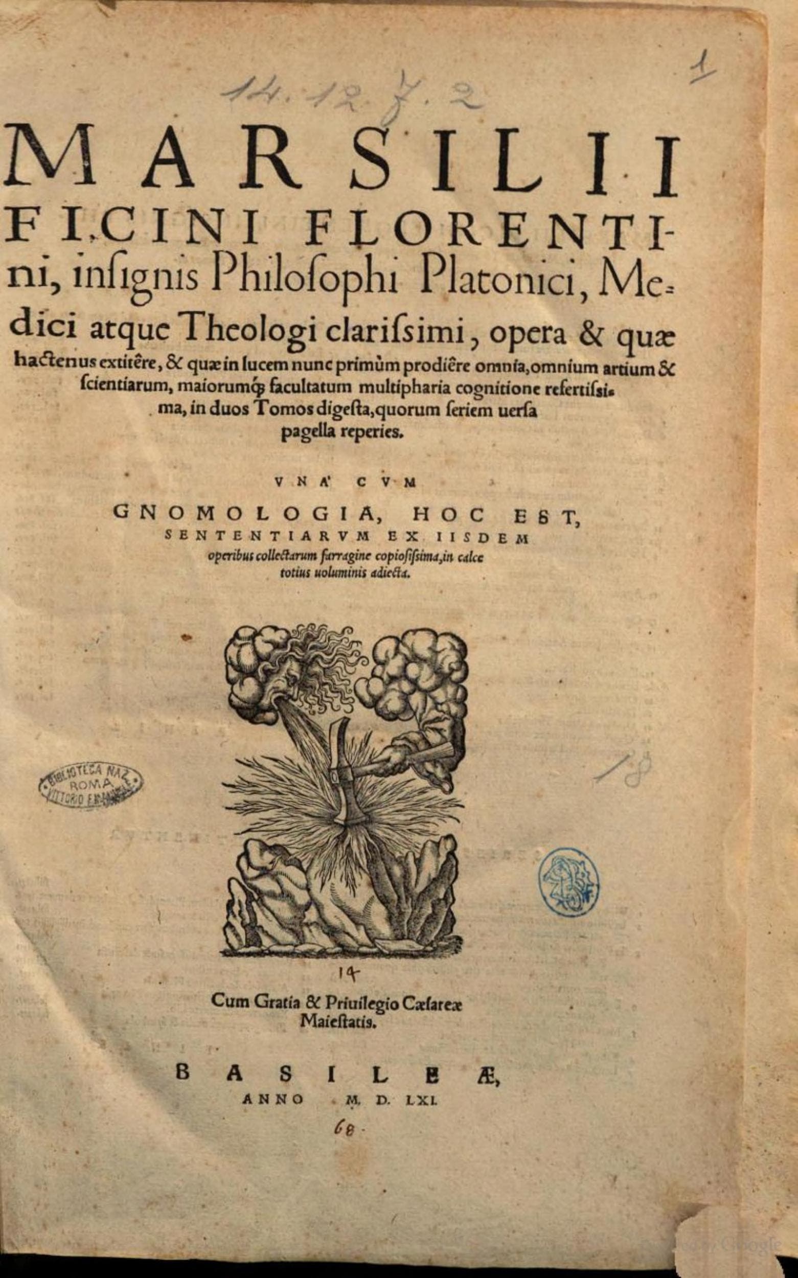 Marsilij Ficini ... Opera & quae hactenus extitêre, & quae in lucem nunc primùm prodiêre omnia, ... in duos tomos digesta, ... Vnà cum Gnomologia, hoc est, Sententiarum ex iisdem operibus collectarum farragine copiosissima,per Adamum Henricum Petri ..