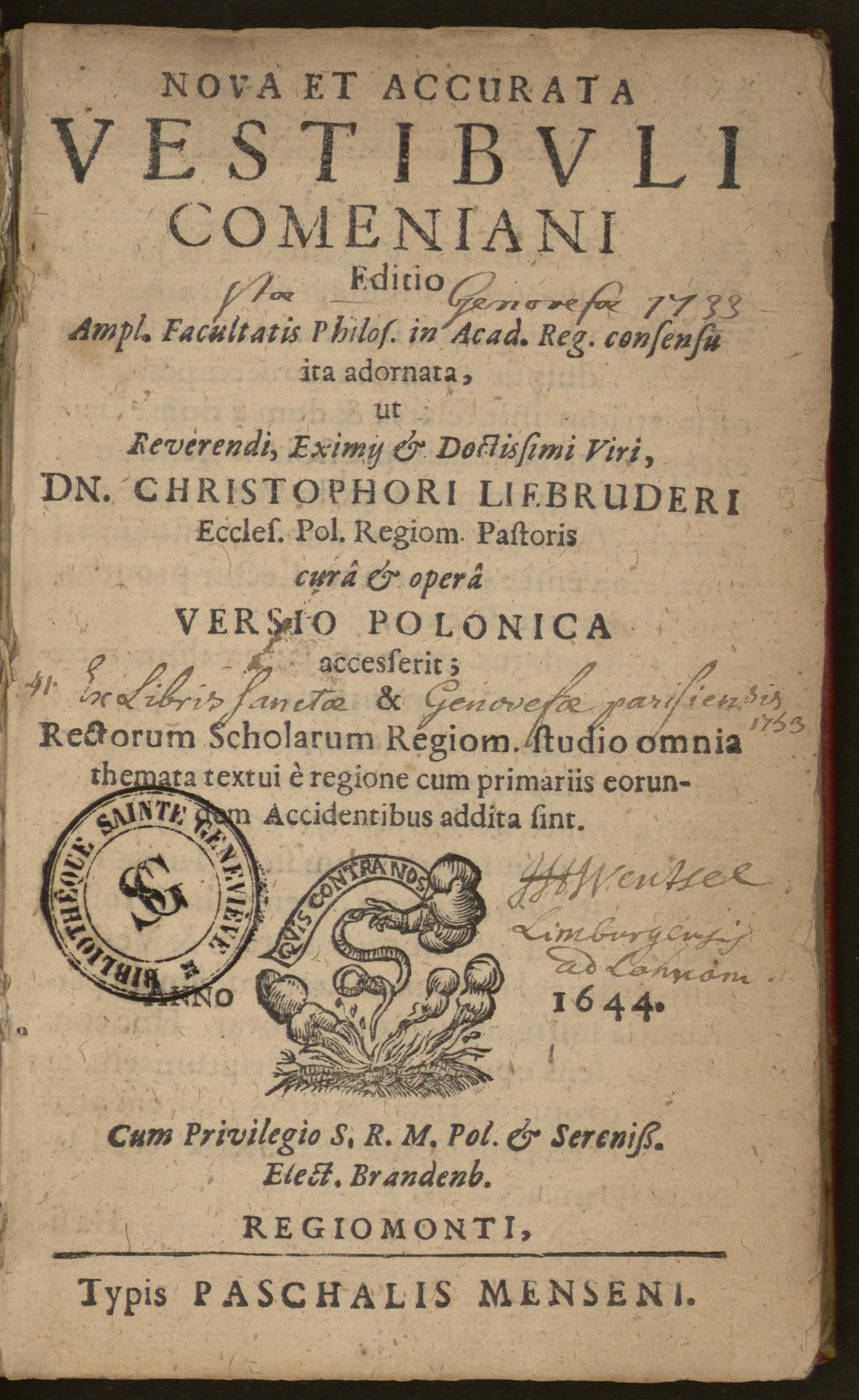 Nova et accurata vestibuli Comeniani editio. Ampl. facultatis philos. in acad. reg. consensu ita adornata, ut reverendi, eximii & doctissimi viri, Dn. Christophori Liebruderi, eccles. Pol. Regiom. pastoris curâ & operâ versio polonica accesserit ; & rectorum scholarum Regiom. studio omnia themata textui è regione cum primariis eorundem accidentibus addita sint.