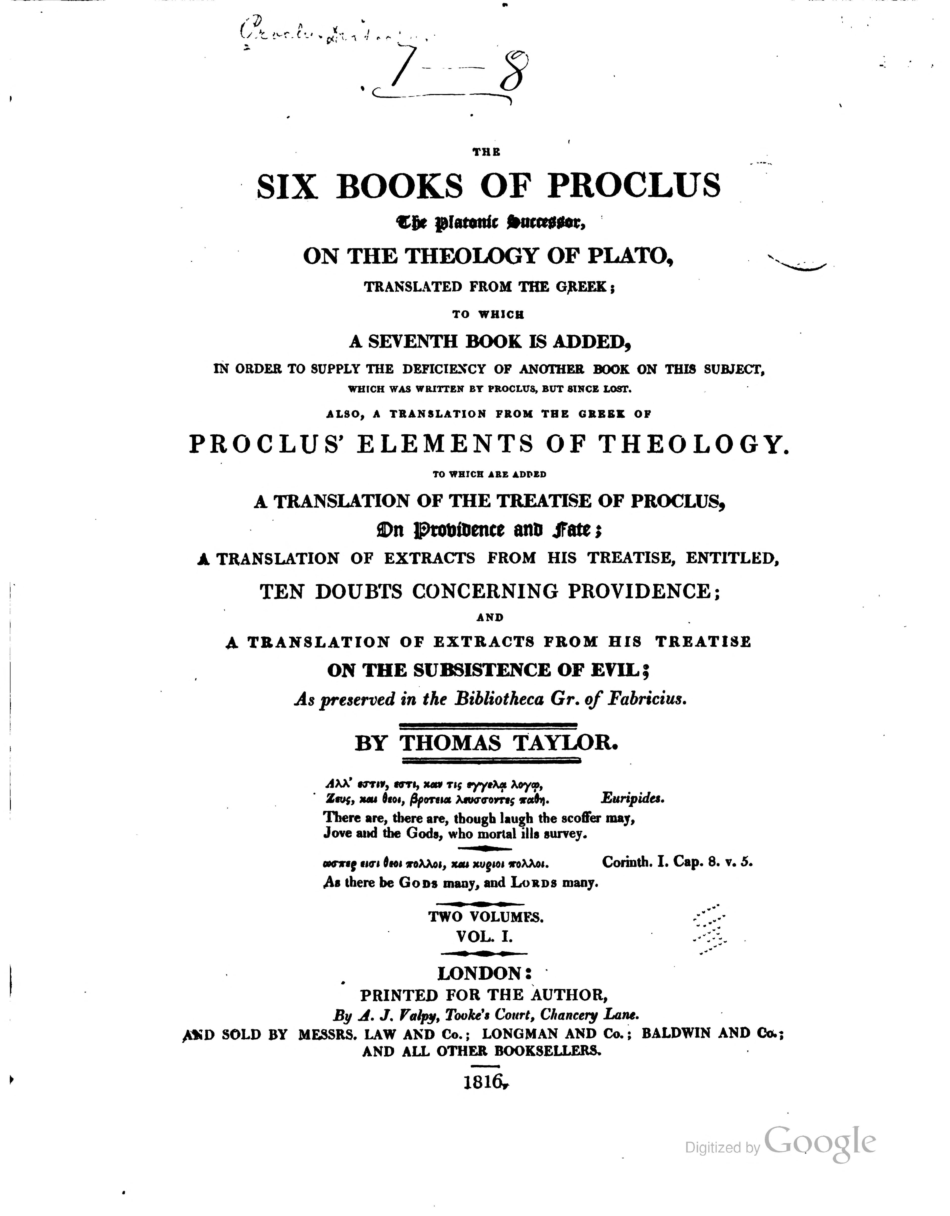 The Six Books of Proclus on the Theology of Plato