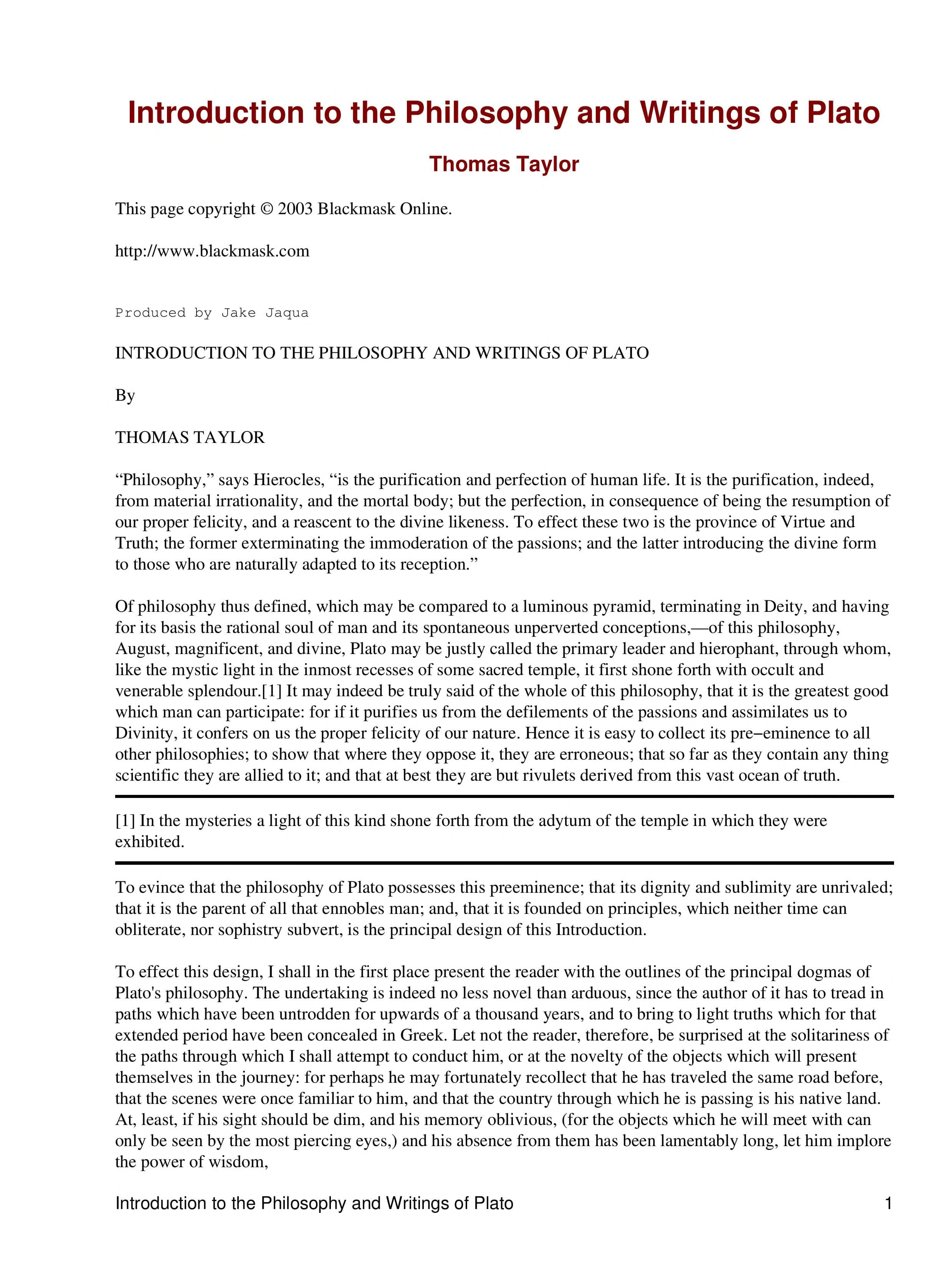 Introduction to the Philosophy and Writings of Plato