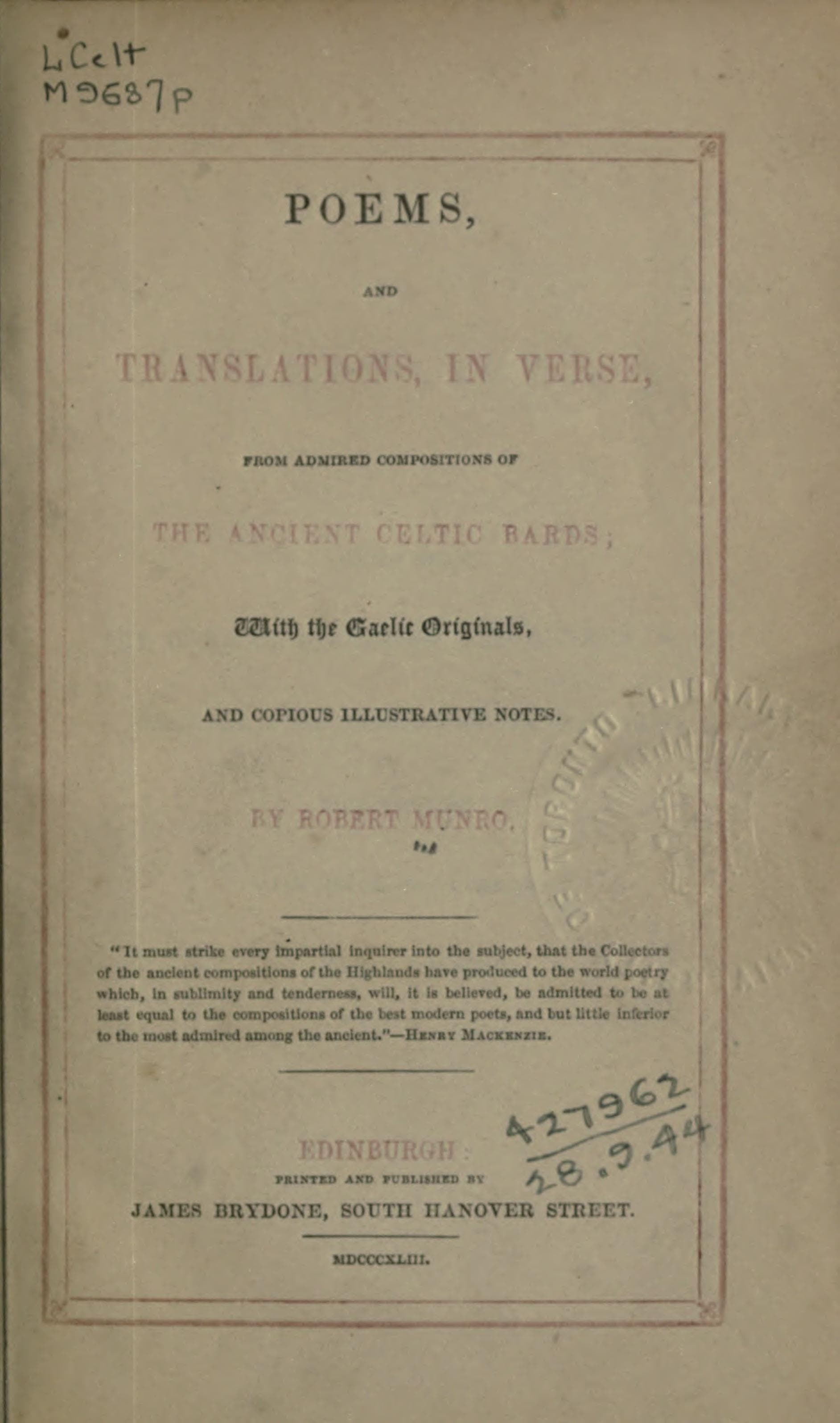 Poems and Translations from the Ancient Celtic Bards