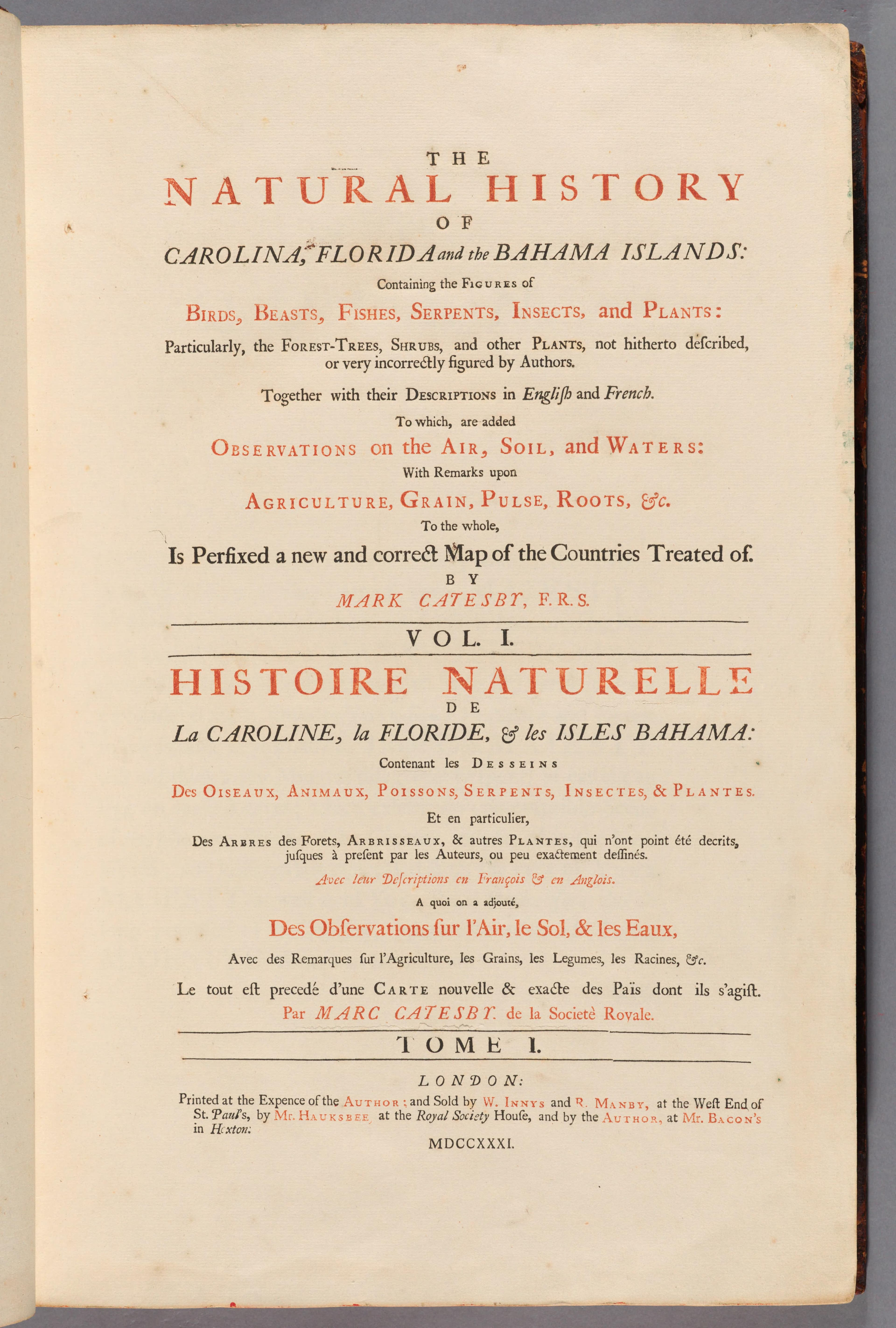 The Natural History of Carolina Florida and Bahama Islands Vol. 1