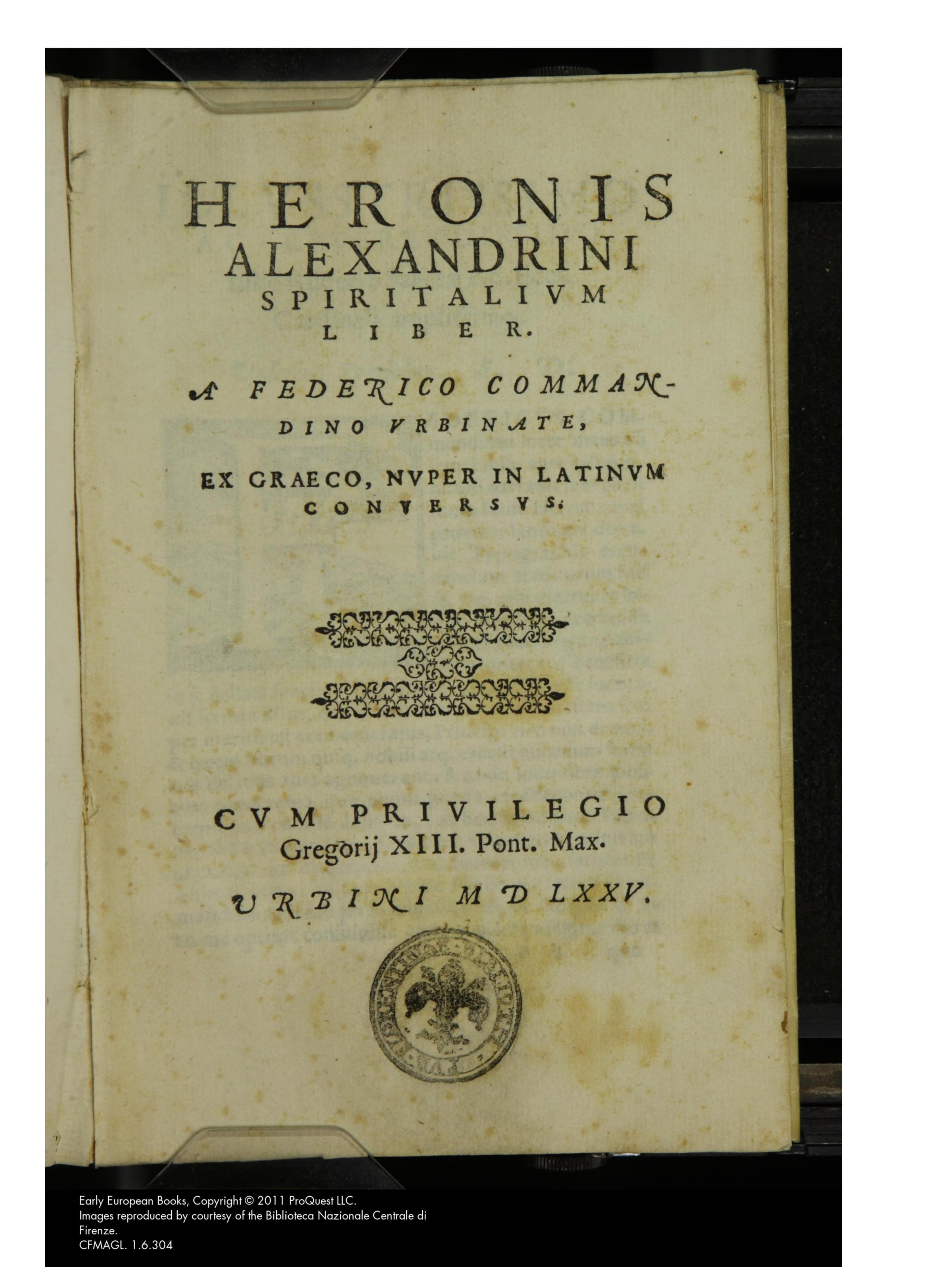 Heronis Alexandrini Spiritalium liber (Commandino 1575)
