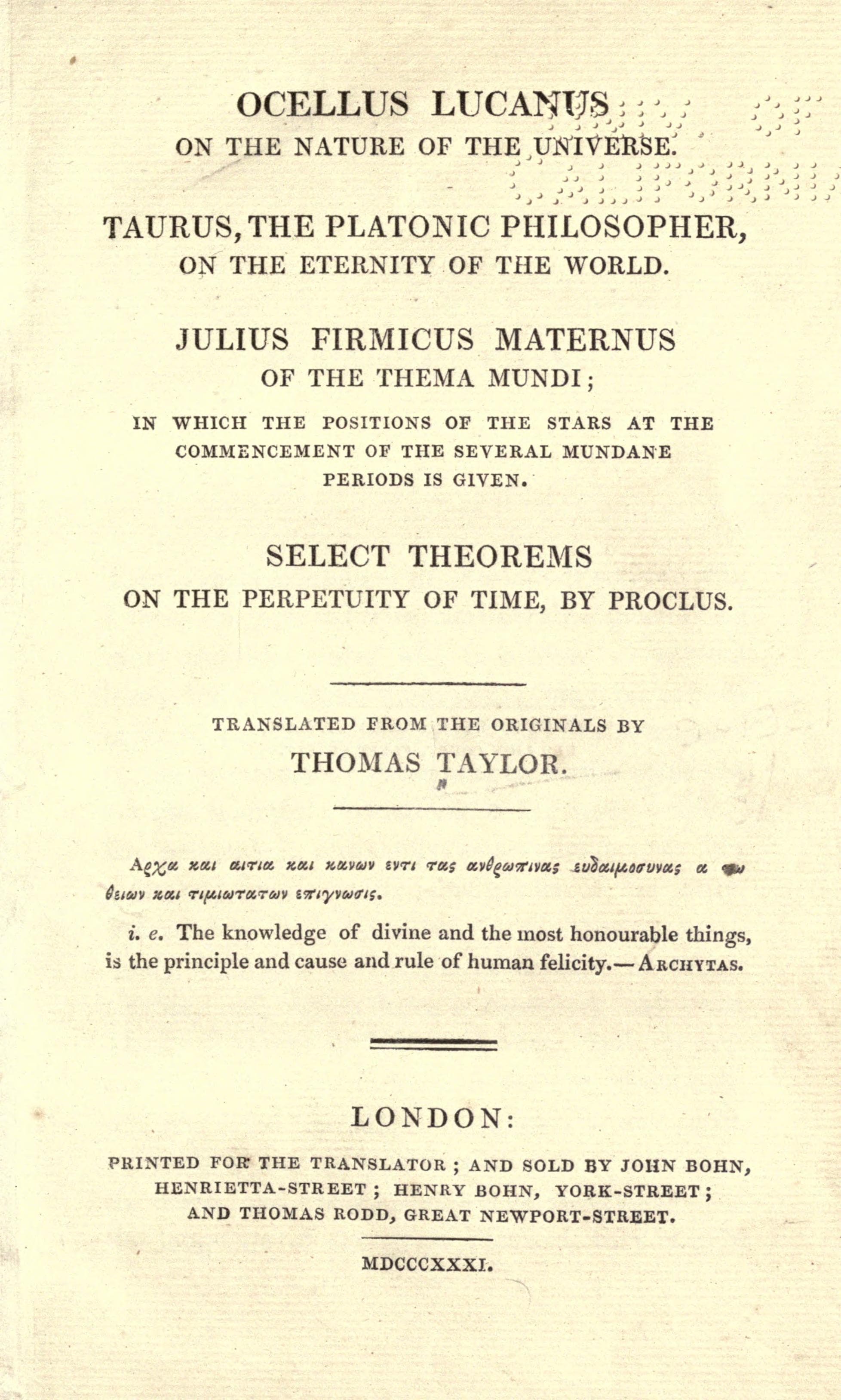 Ocellus Lucanus On the Nature of the Universe (Taylor 1831)
