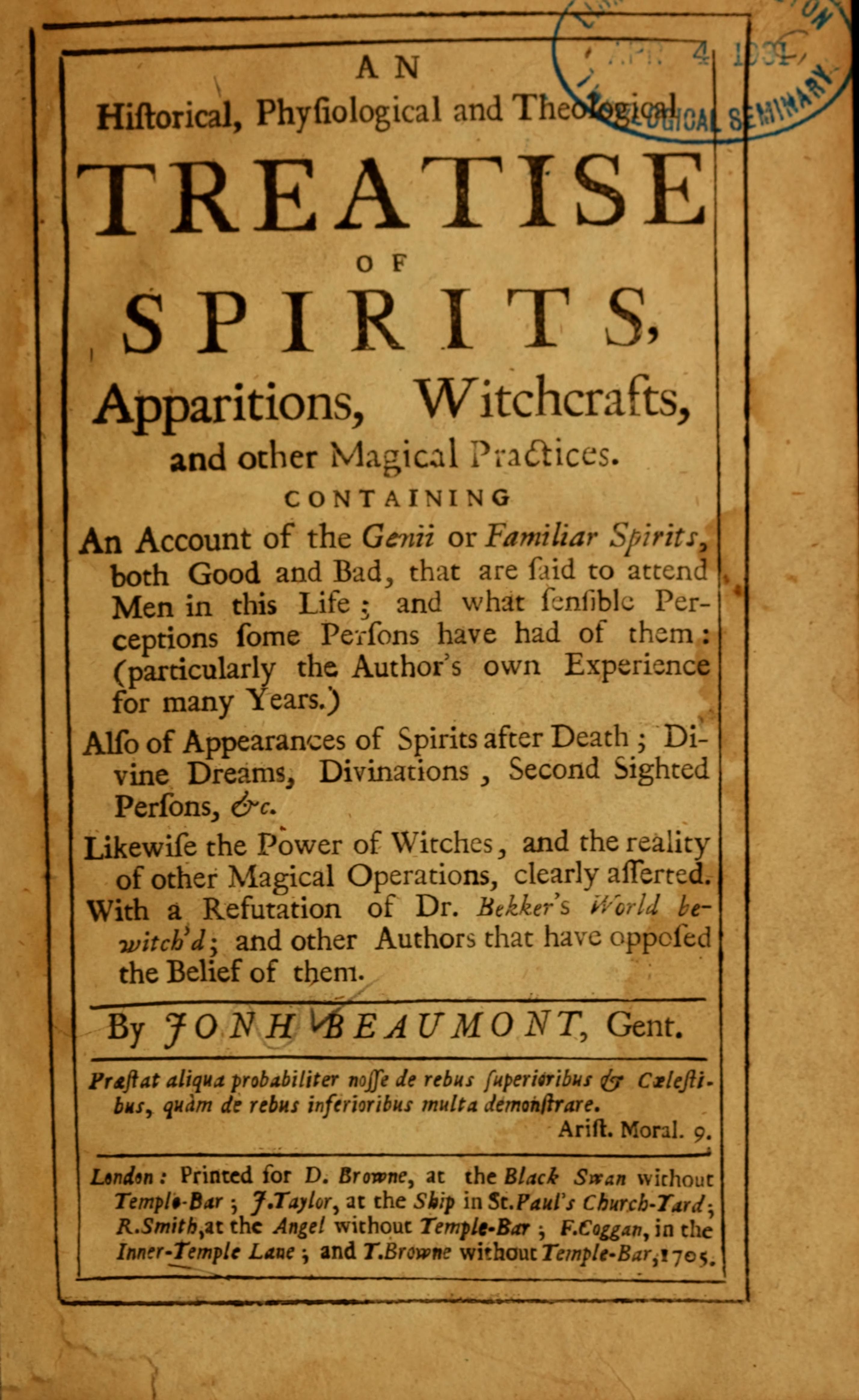 Treatise of Spirits, Apparitions, Witchcrafts