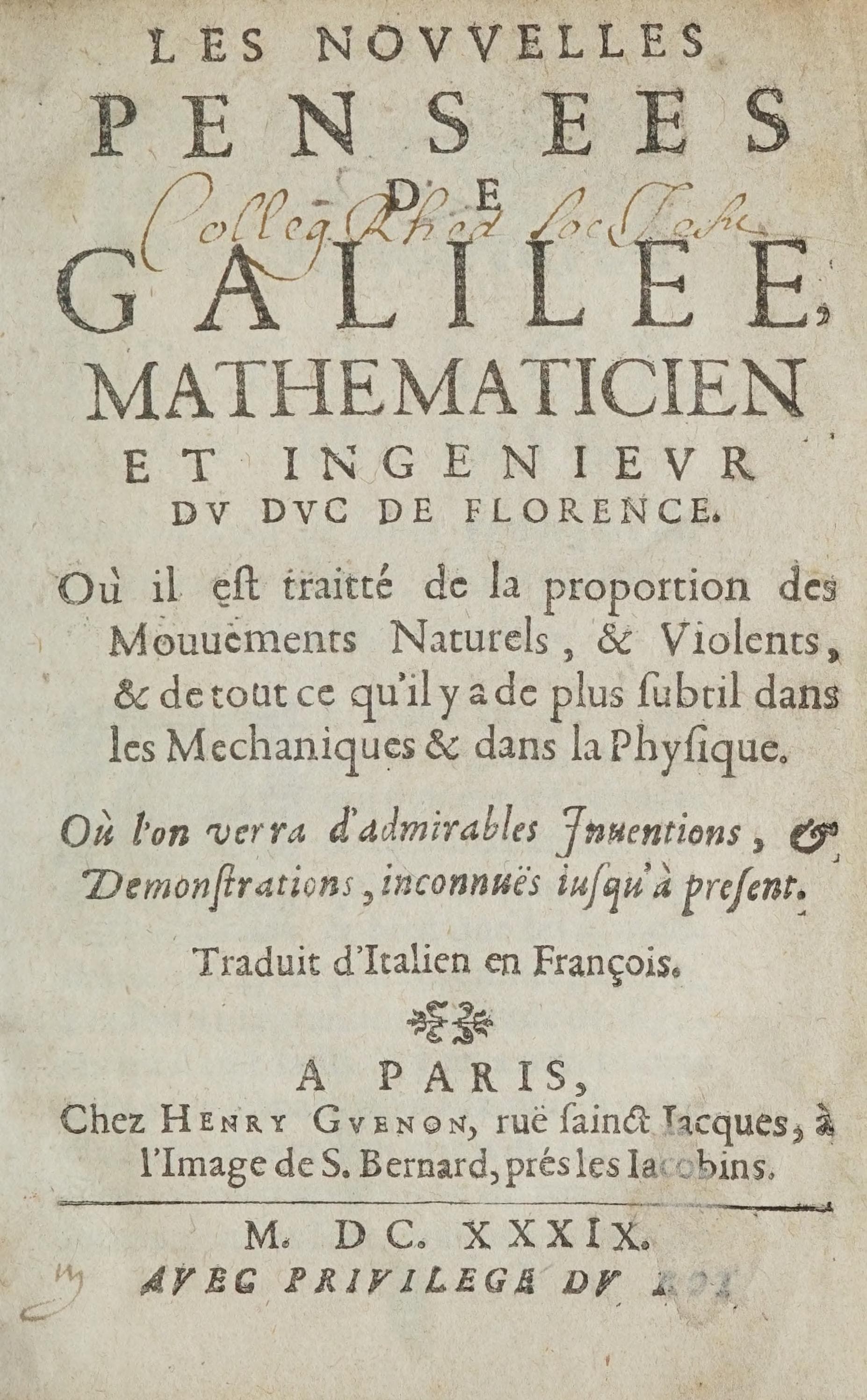 Les nouvelles pensées de Galilée (Discorsi e dimostrazioni matematiche)