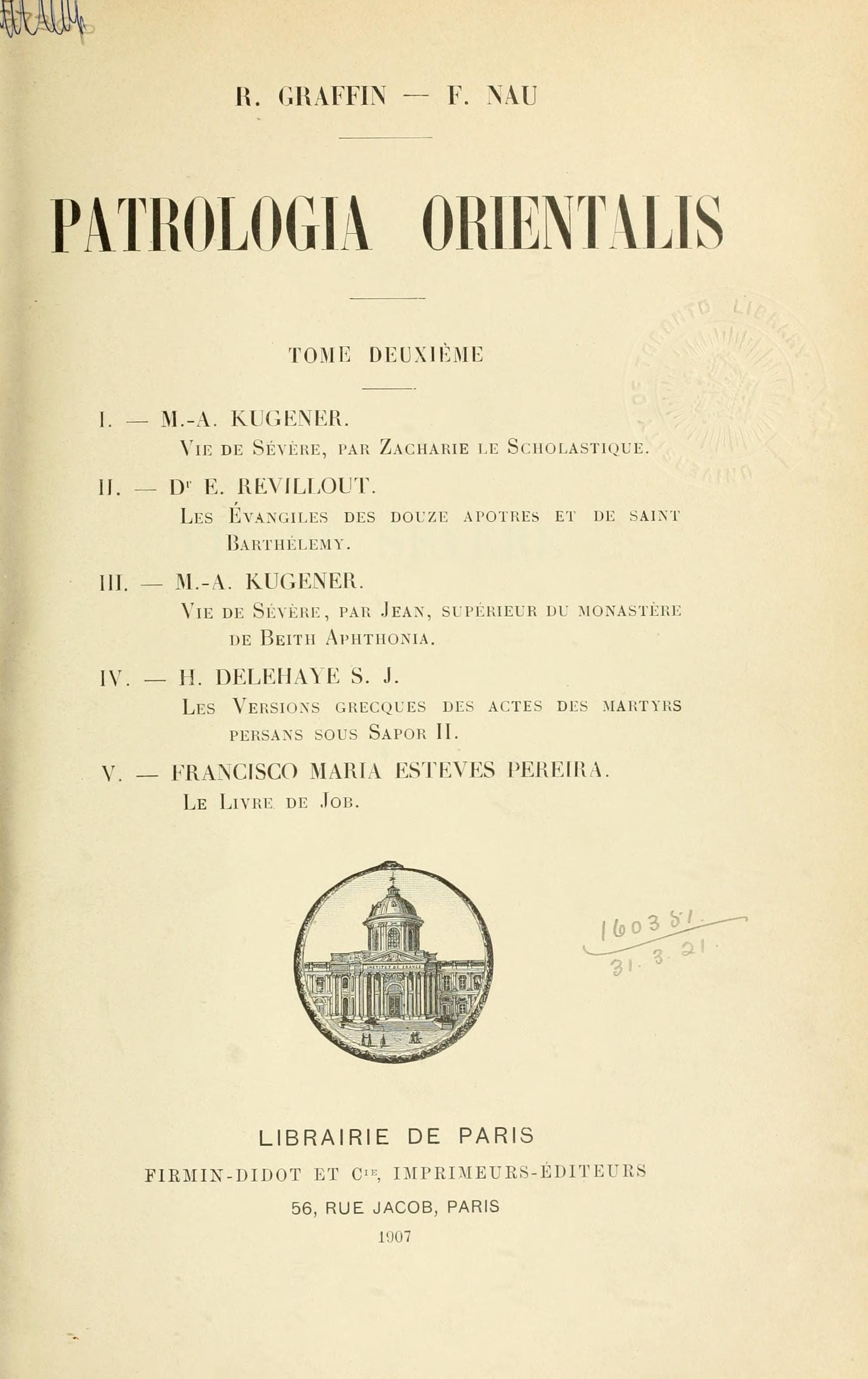 Patrologia Orientalis, Tome II (inc. Vie de Sévère)