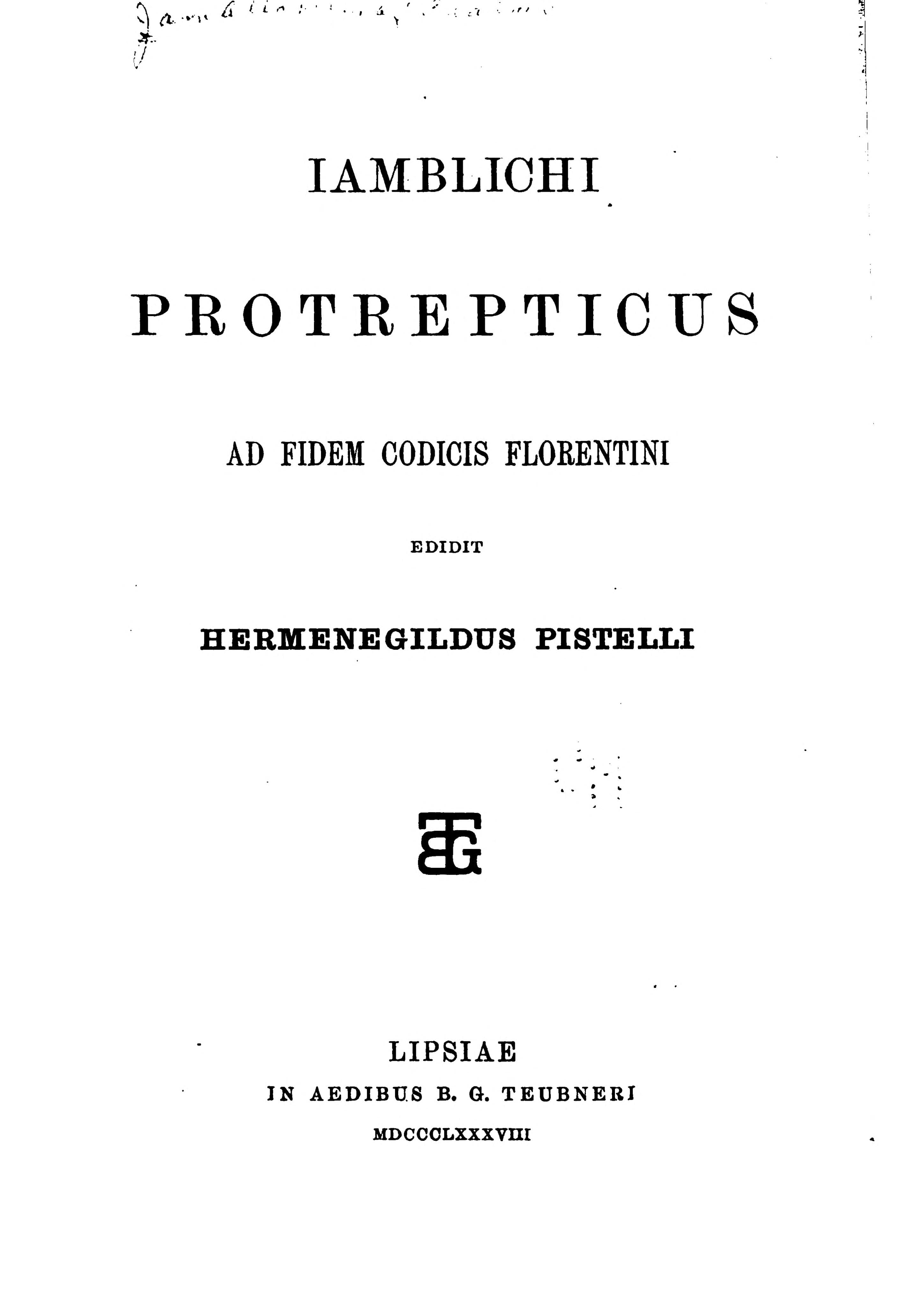 Iamblichi Protrepticus ad fidem codicis Florentini