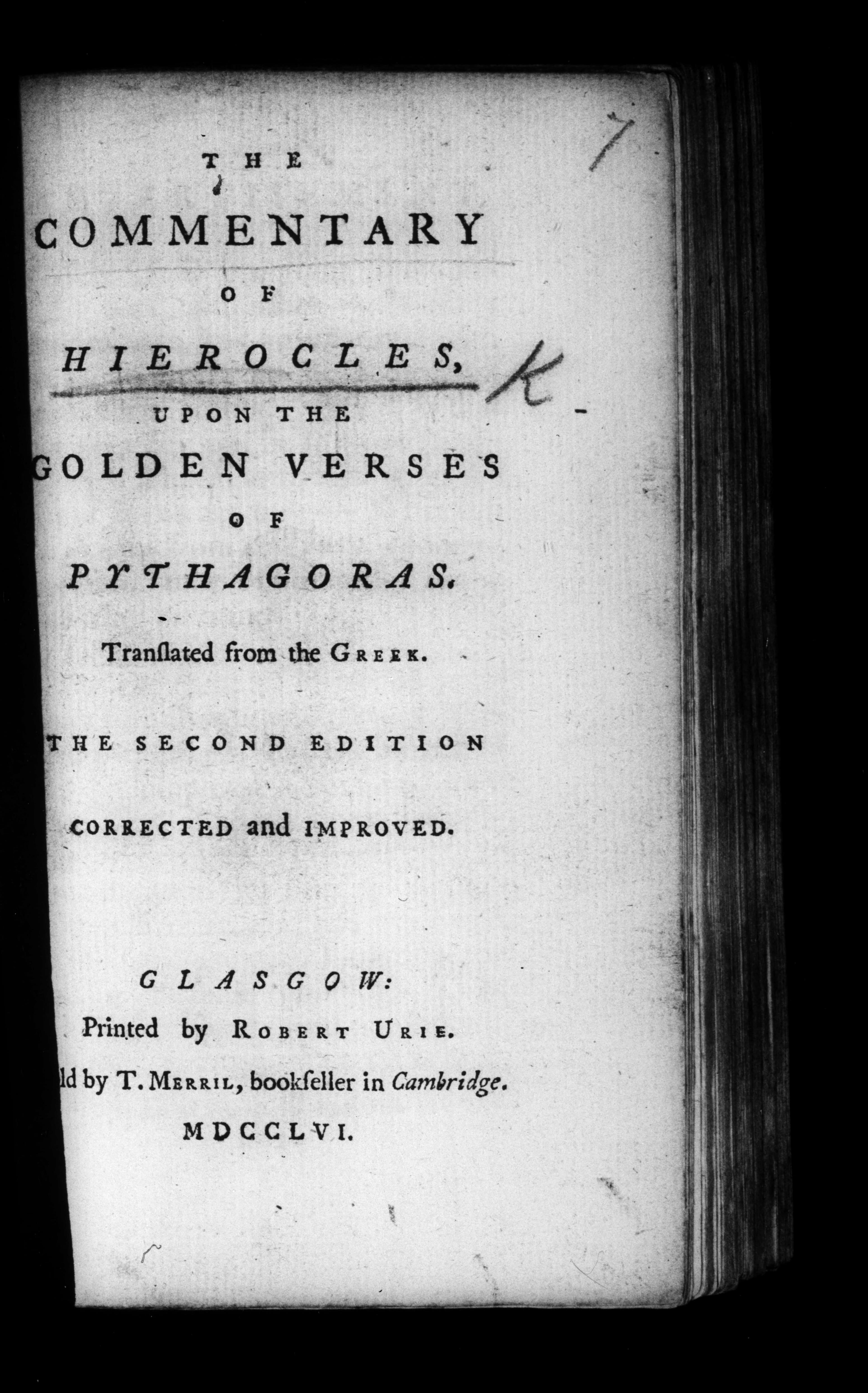 The Commentary of Hierocles upon the Golden Verses of Pythagoras