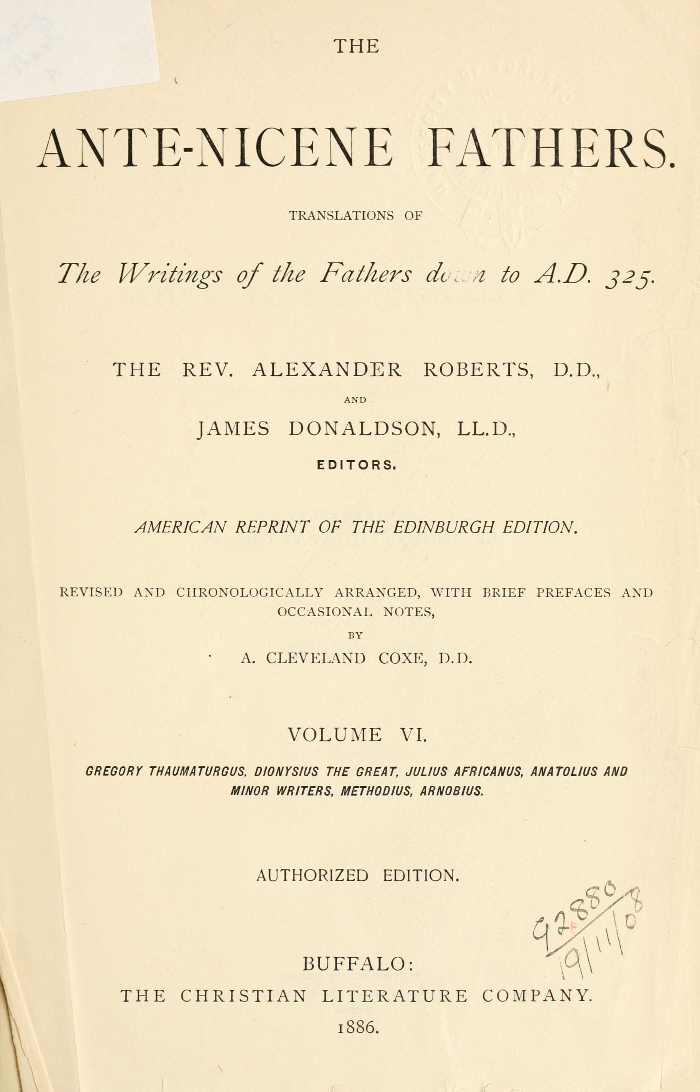 Ante-Nicene Fathers, Vol. 6 (Gregory Thaumaturgus)