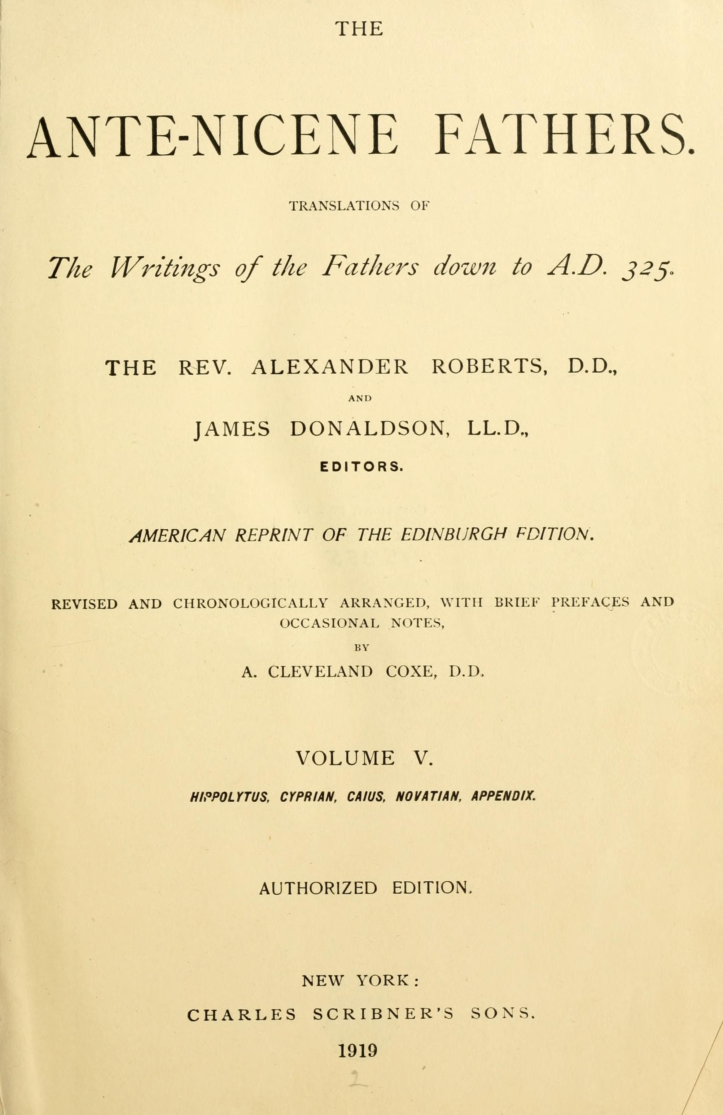 Ante-Nicene Fathers, Vol. 5 (Hippolytus, Cyprian, Novatian)