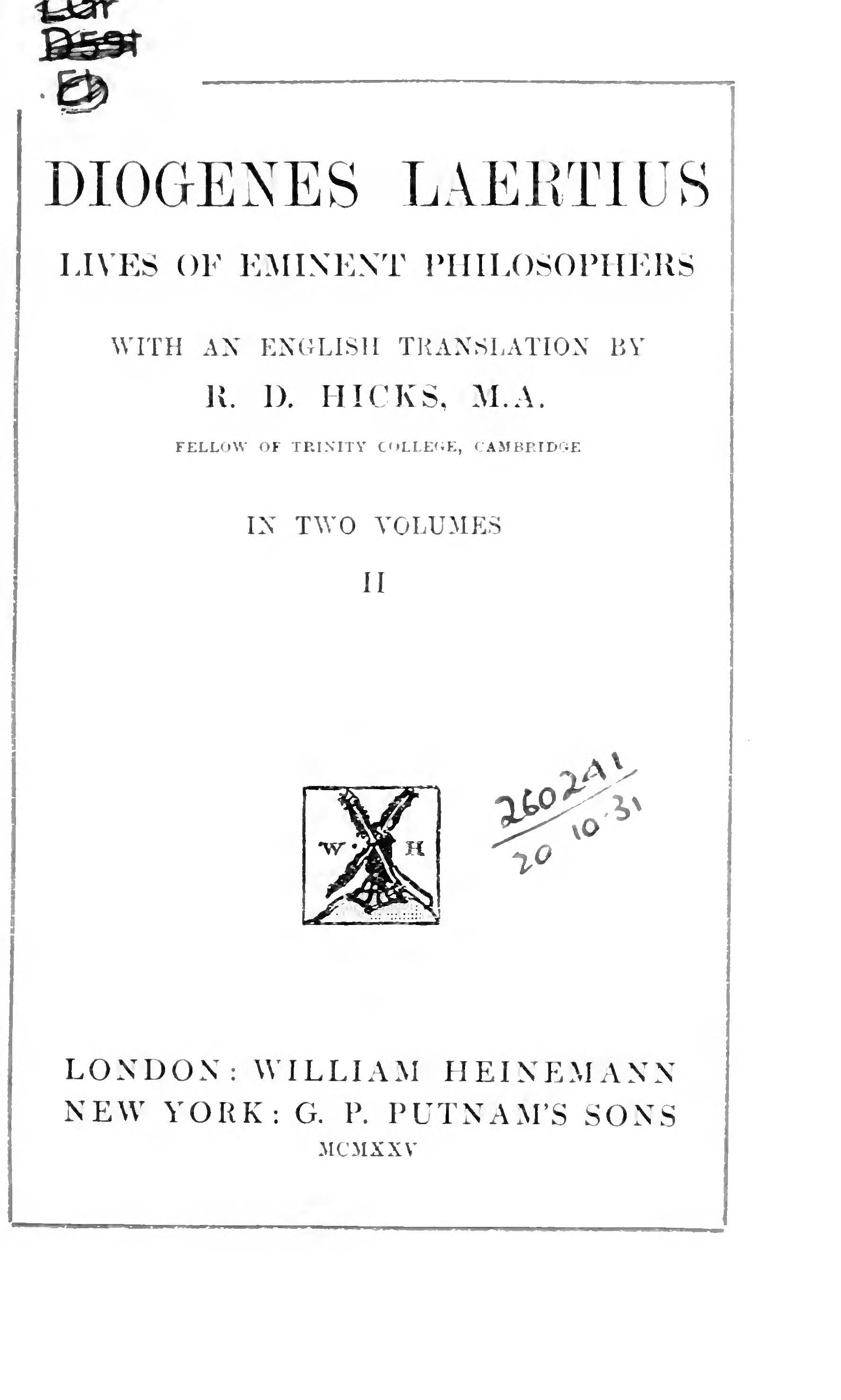 Diogenes Laertius: Lives of Eminent Philosophers, Vol. 2 (Loeb)