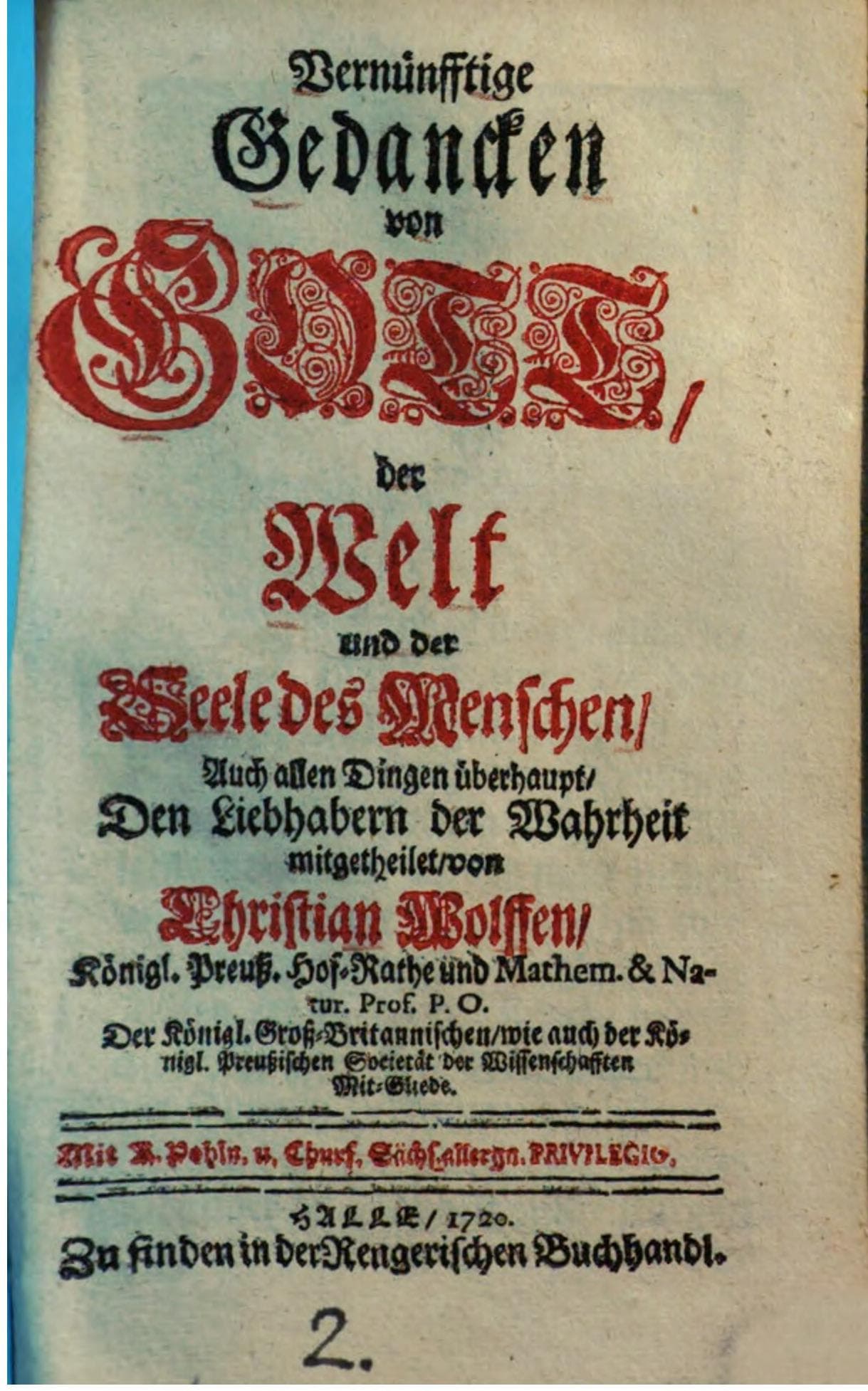 Vernünfftige Gedancken von Gott, der Welt und der Seele des Menschen