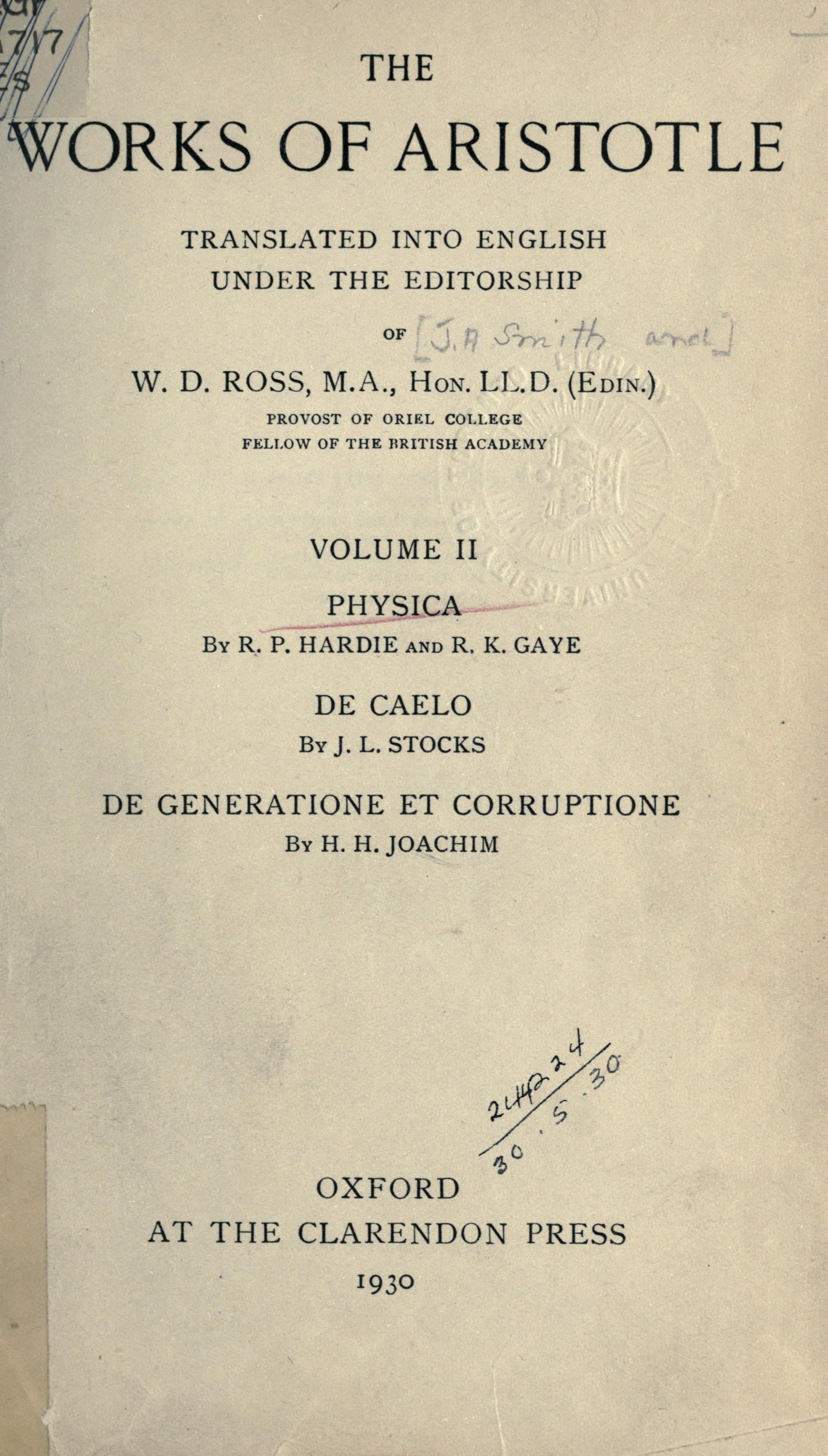 Works of Aristotle, Vol. 2 (Physics, De Caelo, De Generatione et Corruptione)