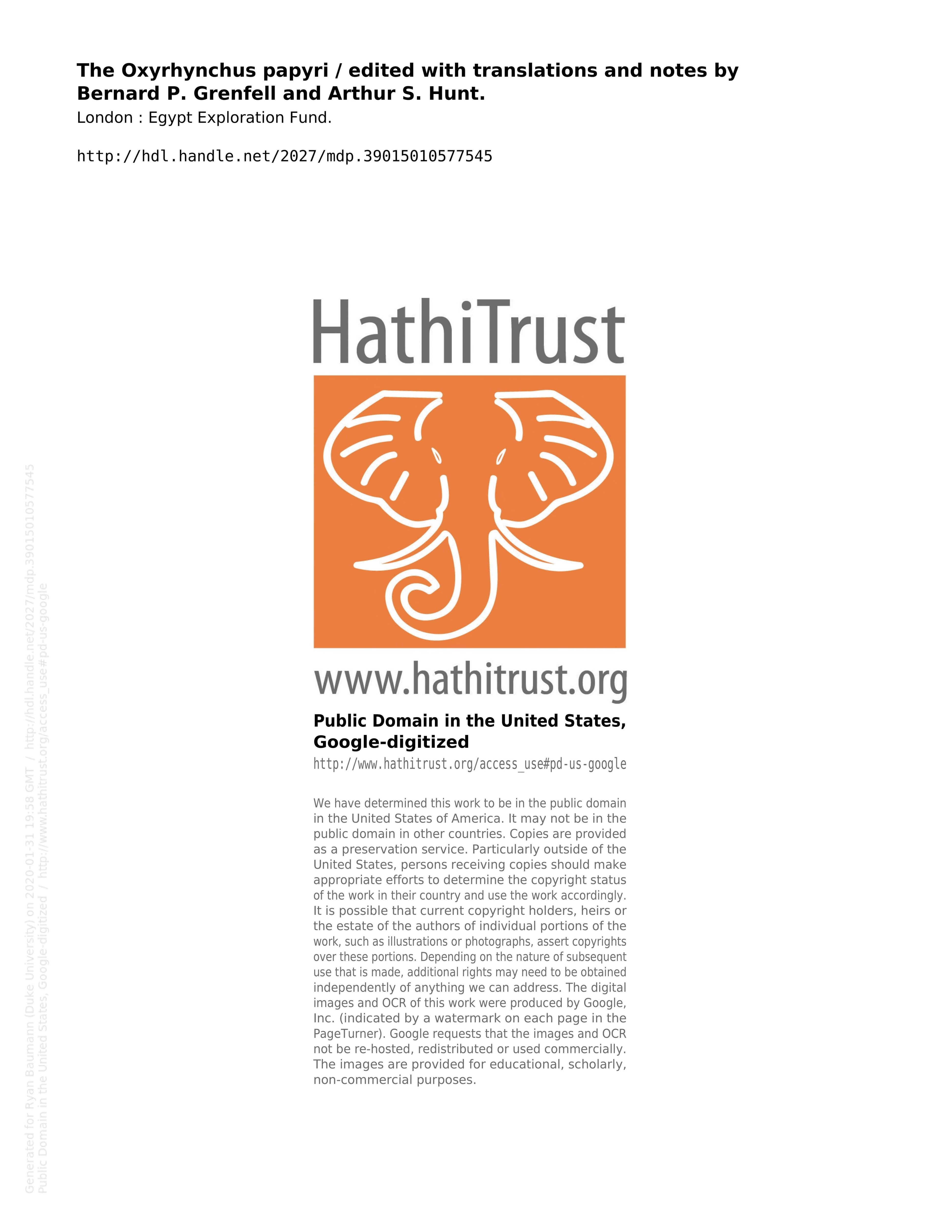 The Oxyrhynchus Papyri, Part XVI