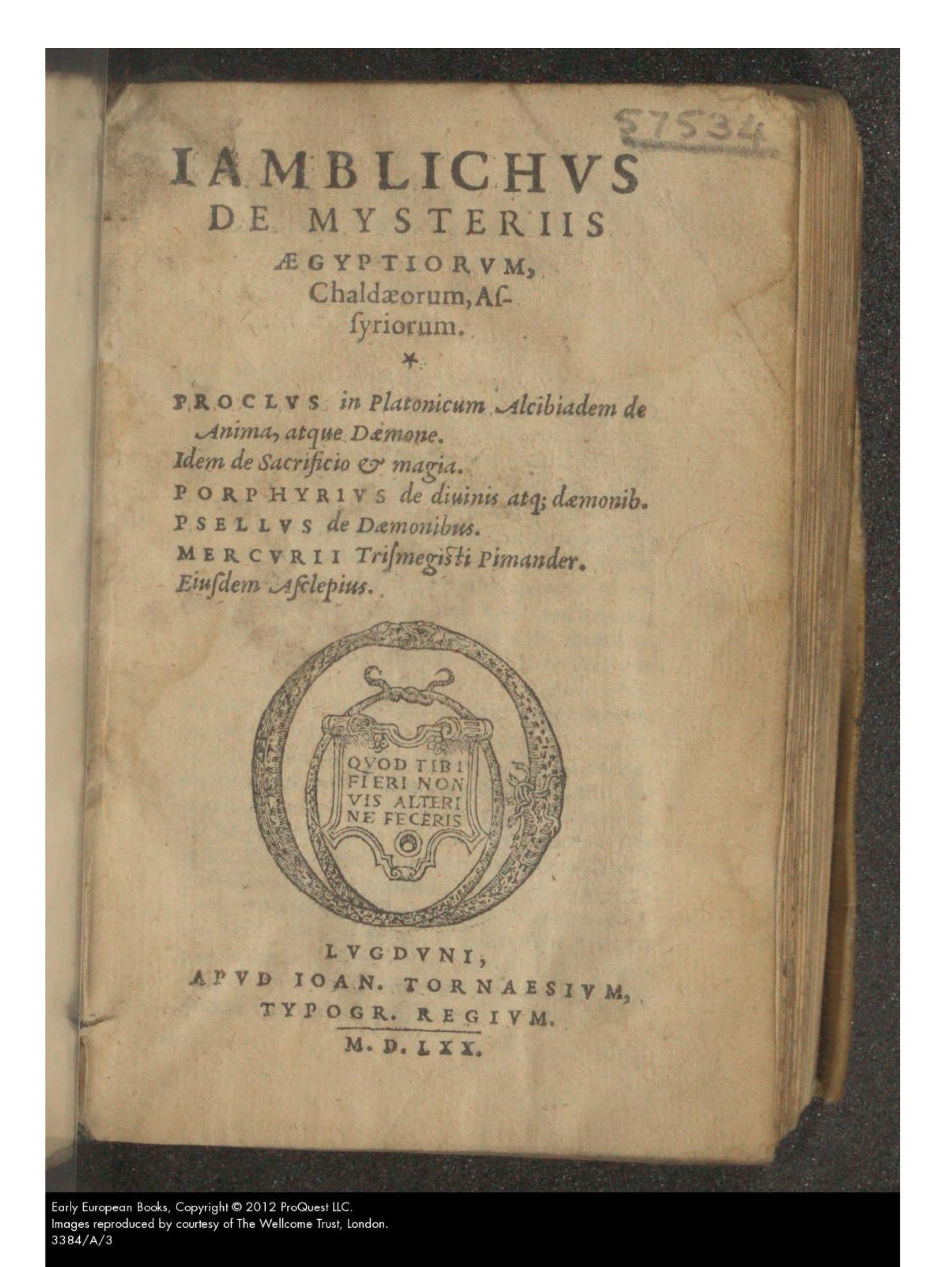 Iamblichus De Mysteriis; Psellus De Daemonibus