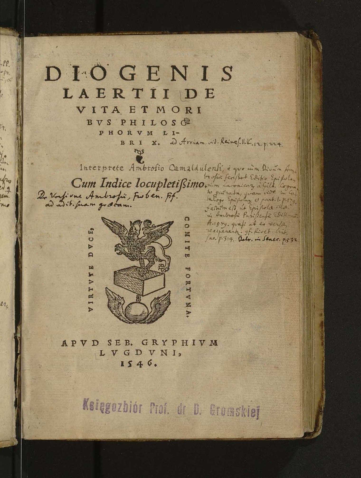 De Vitis et Moribus Philosophorum (trans. Ambrogio Traversari, 1546 Lyon)
