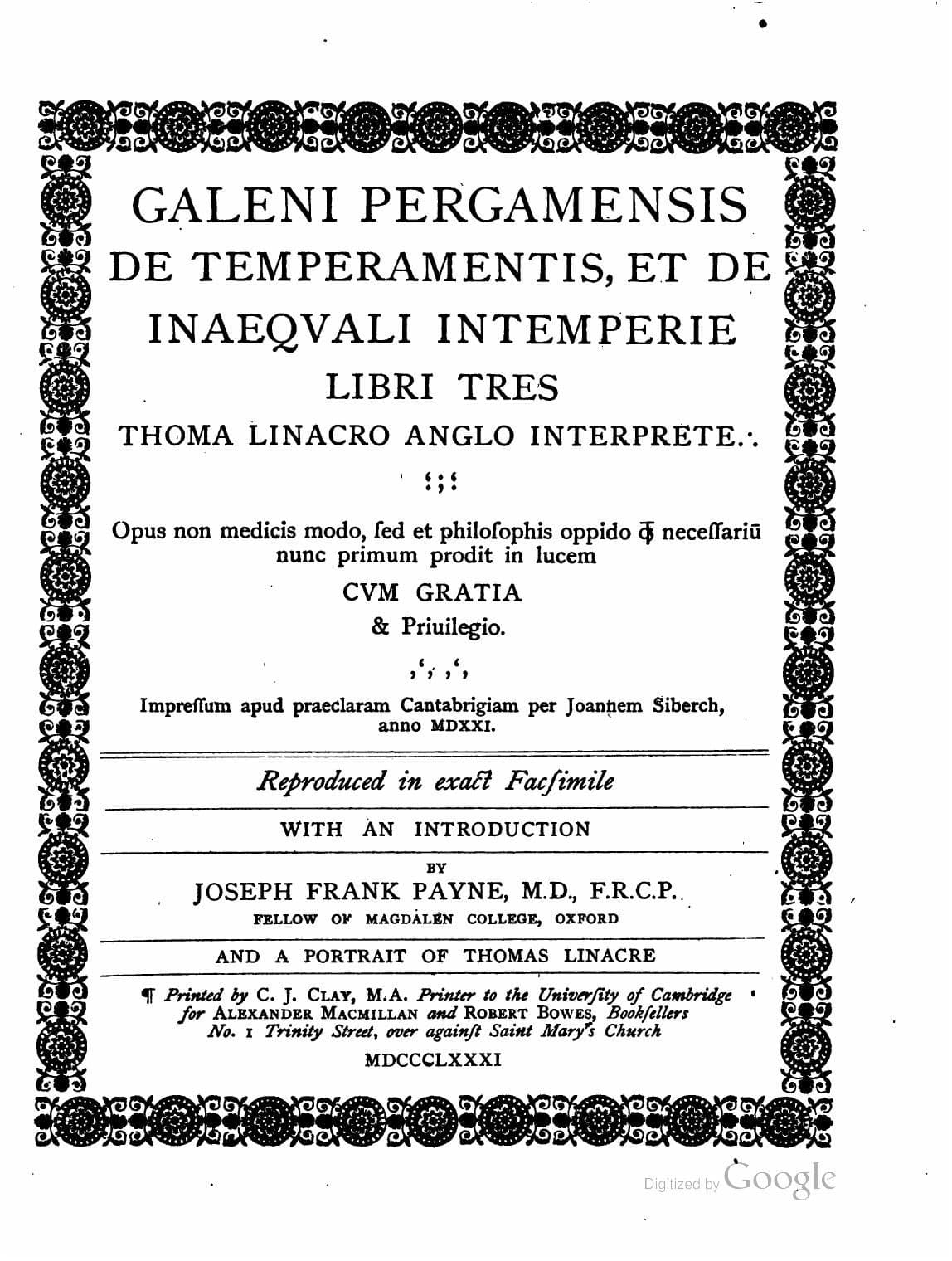 Galeni Pergamensis De Temperamentis et De Inaequali Intemperie Libri Tres