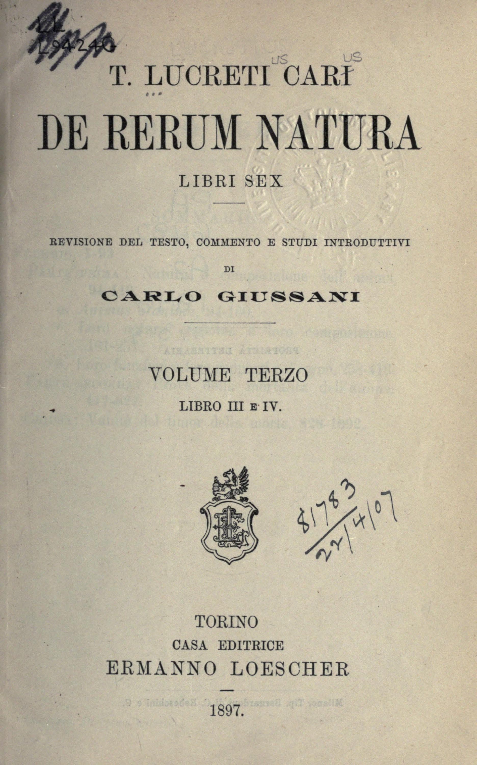 De Rerum Natura (Giussani 1896 edition)