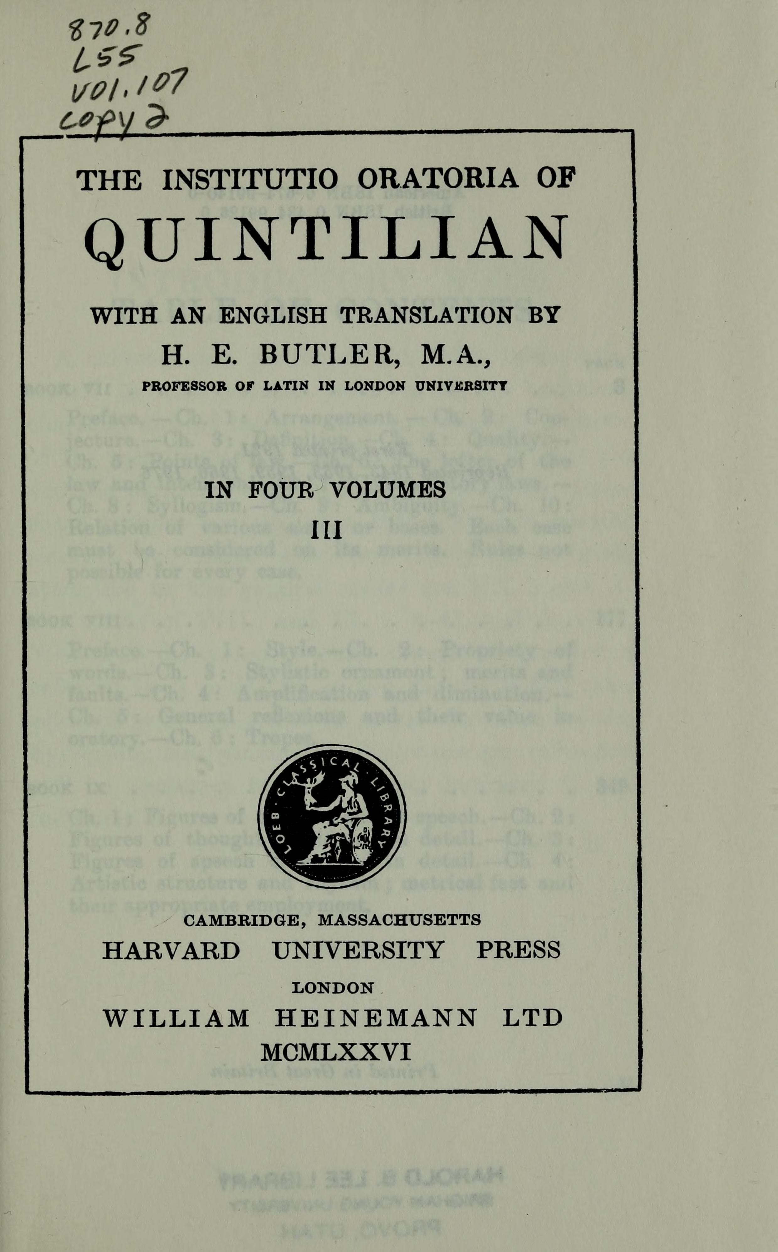 Institutio Oratoria, Vol. III