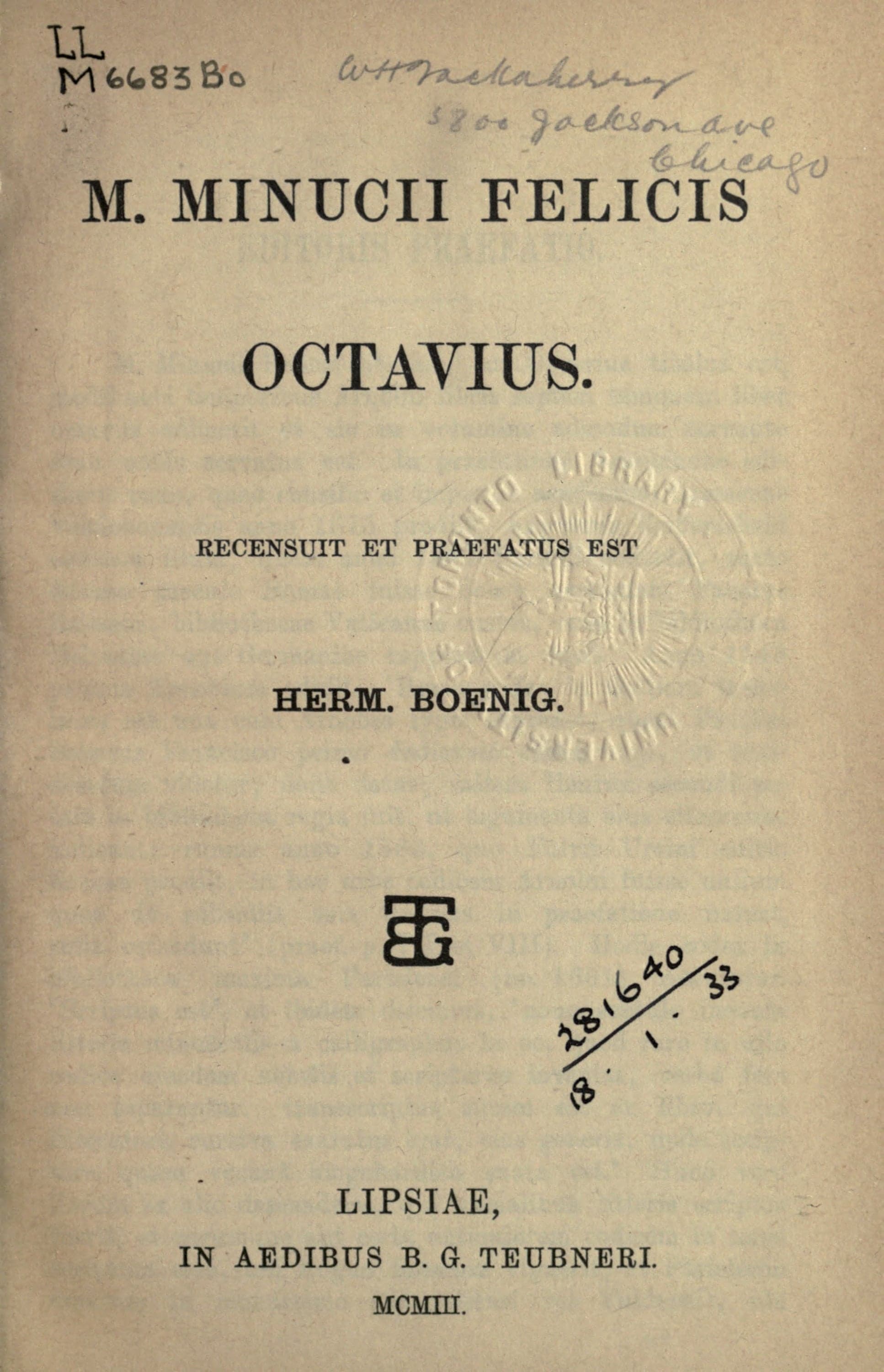 Minucius Felix, Octavius (Waltzing ed.)