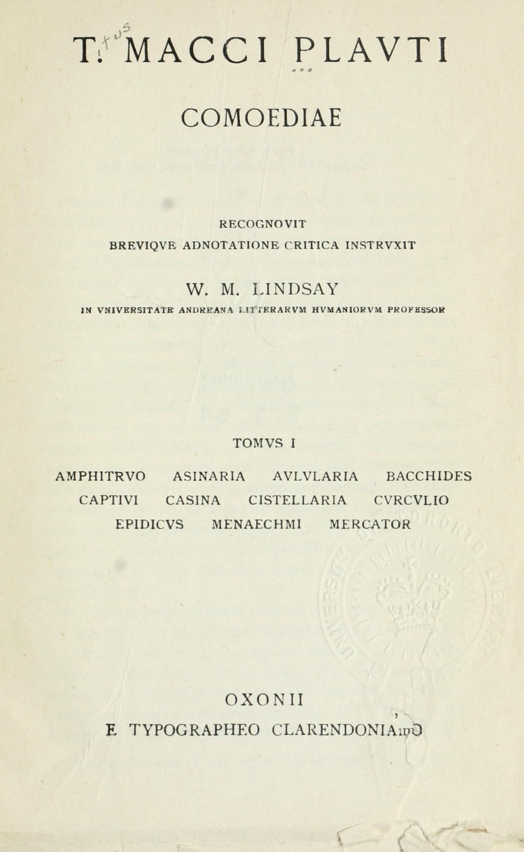 Comoediae (Lindsay OCT) Vol. I