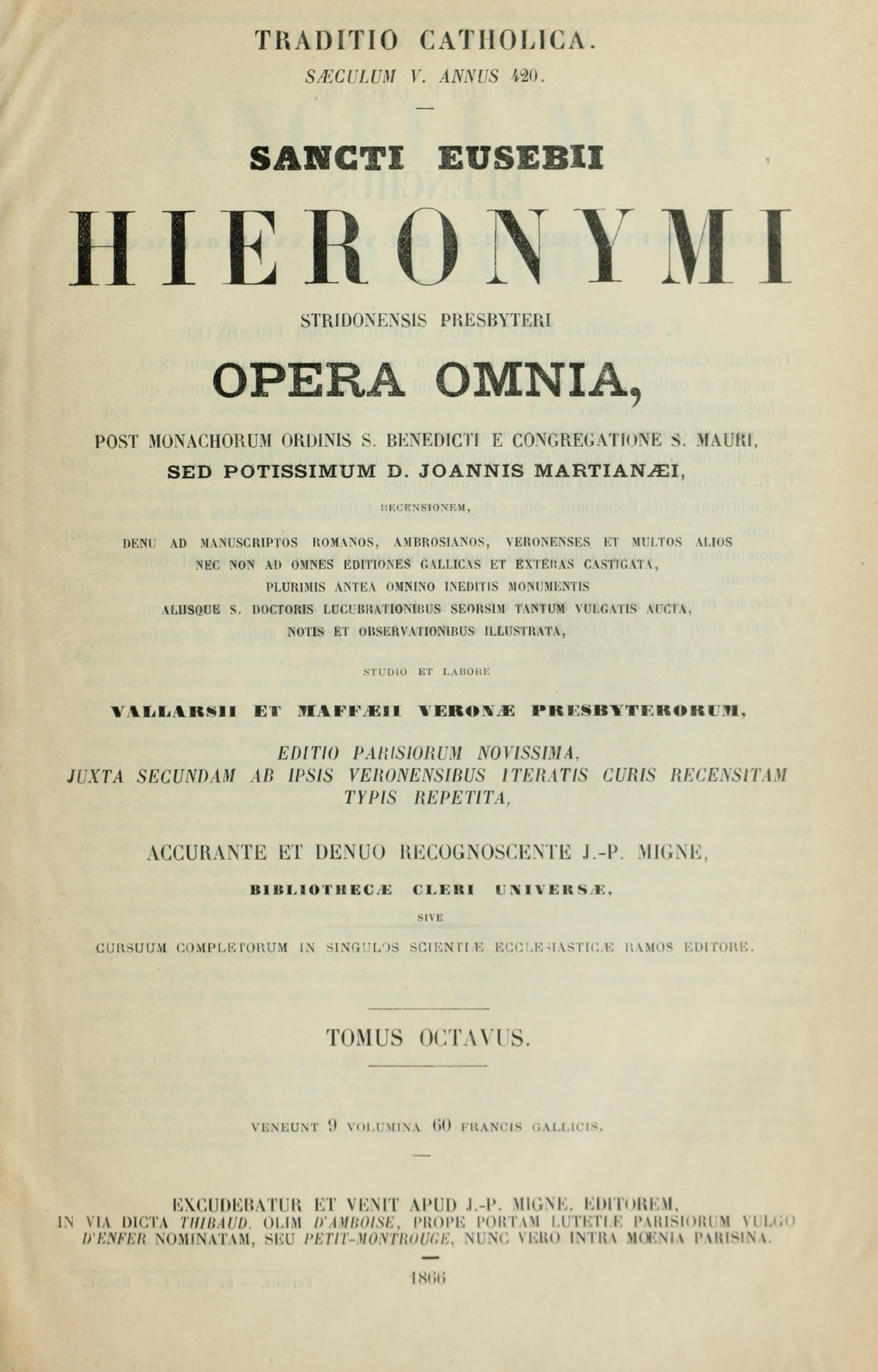Sancti Eusebii Hieronymi Stridonensis Presbyteri Opera Omnia, Vol. VIII
