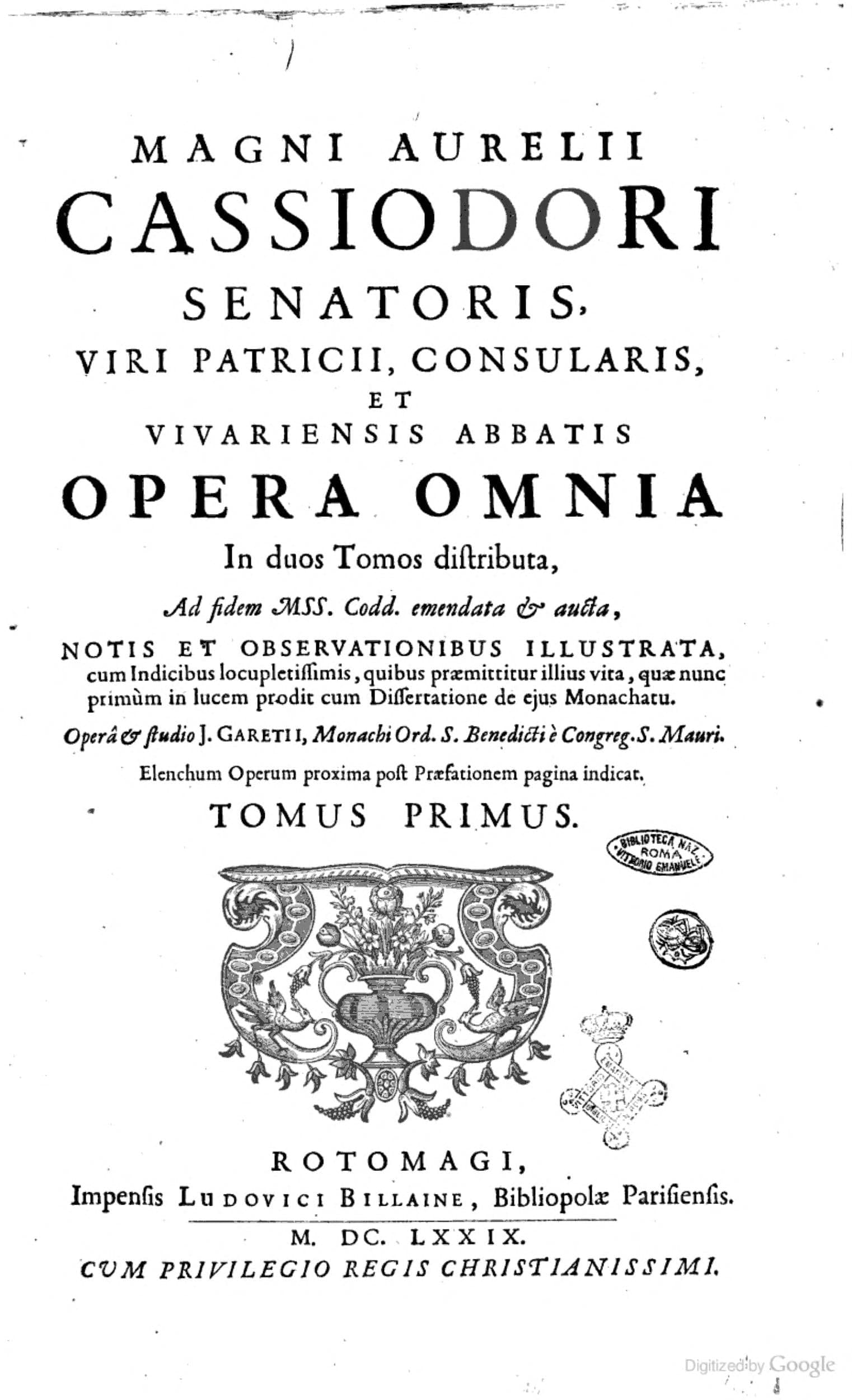 Magni Aurelii Cassiodori Opera Omnia, Tomus I