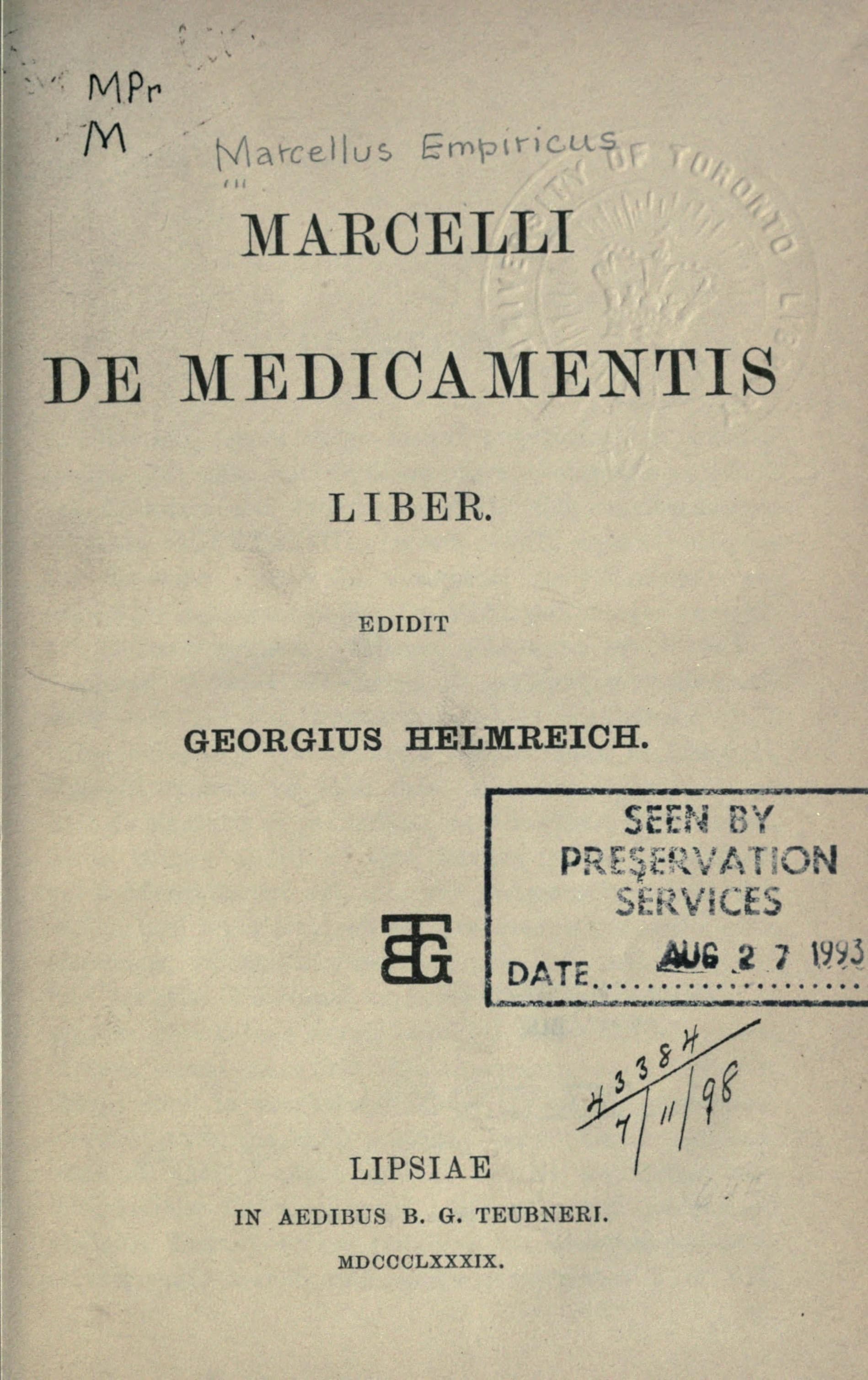 Marcelli De Medicamentis Liber