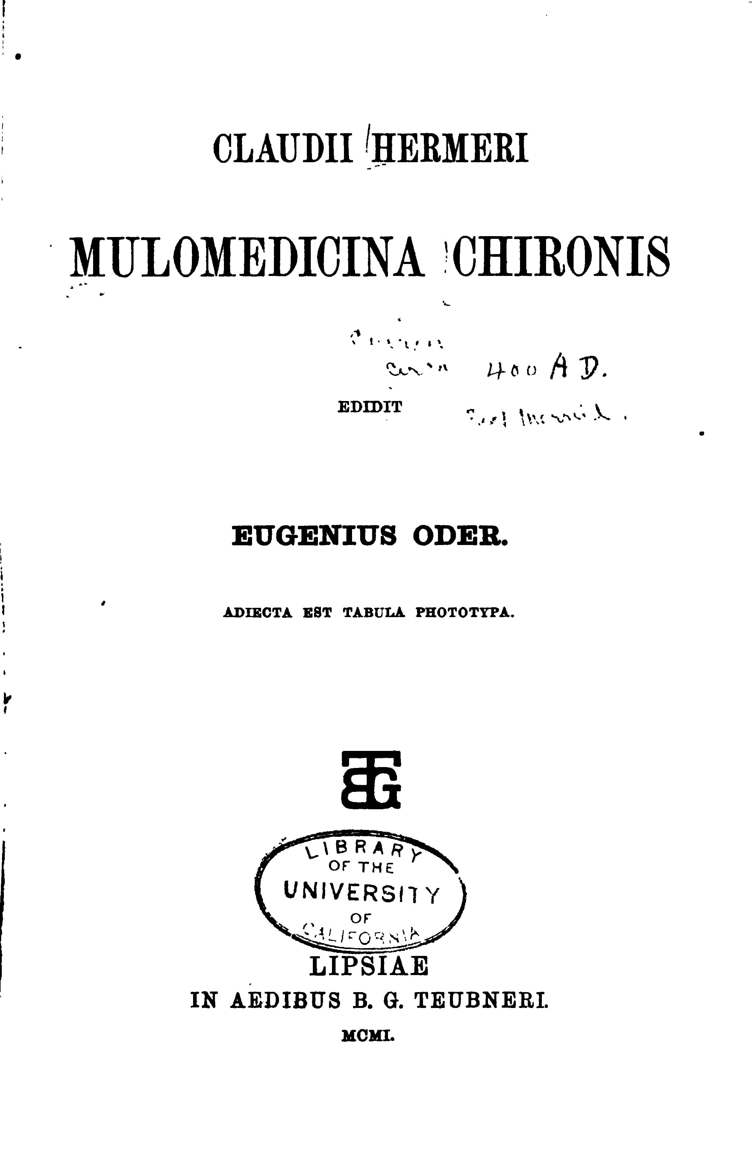 Claudii Hermeri Mulomedicina Chironis