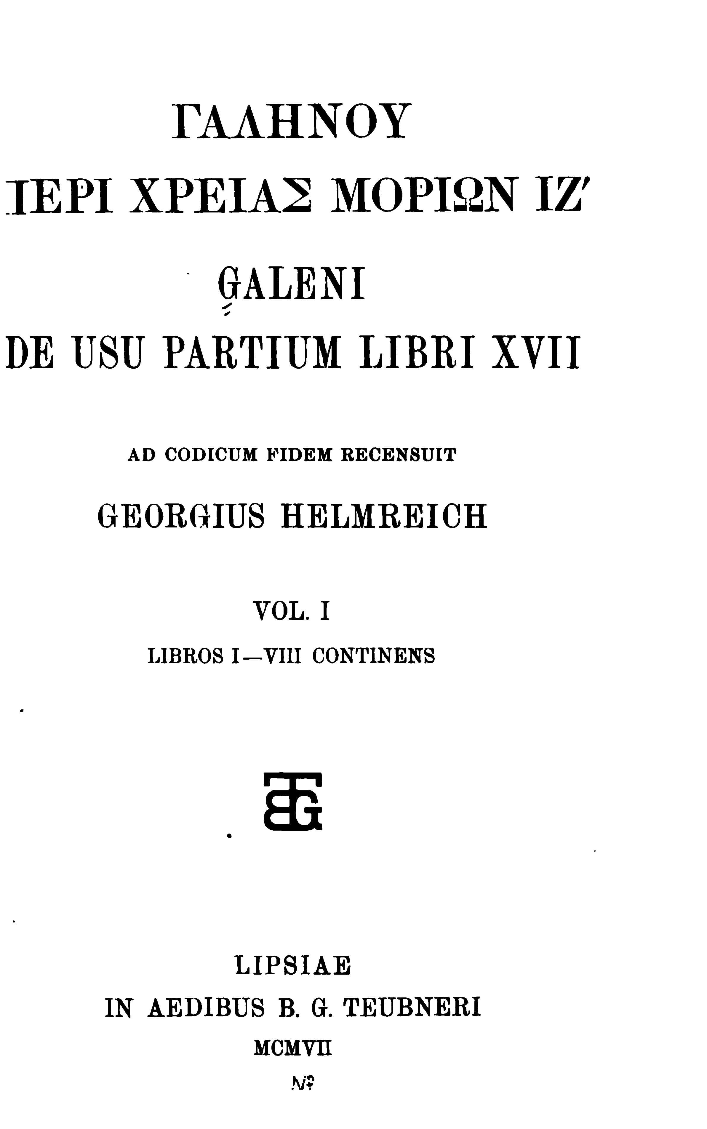 Galen: De Usu Partium Libri XVII, Vol. II