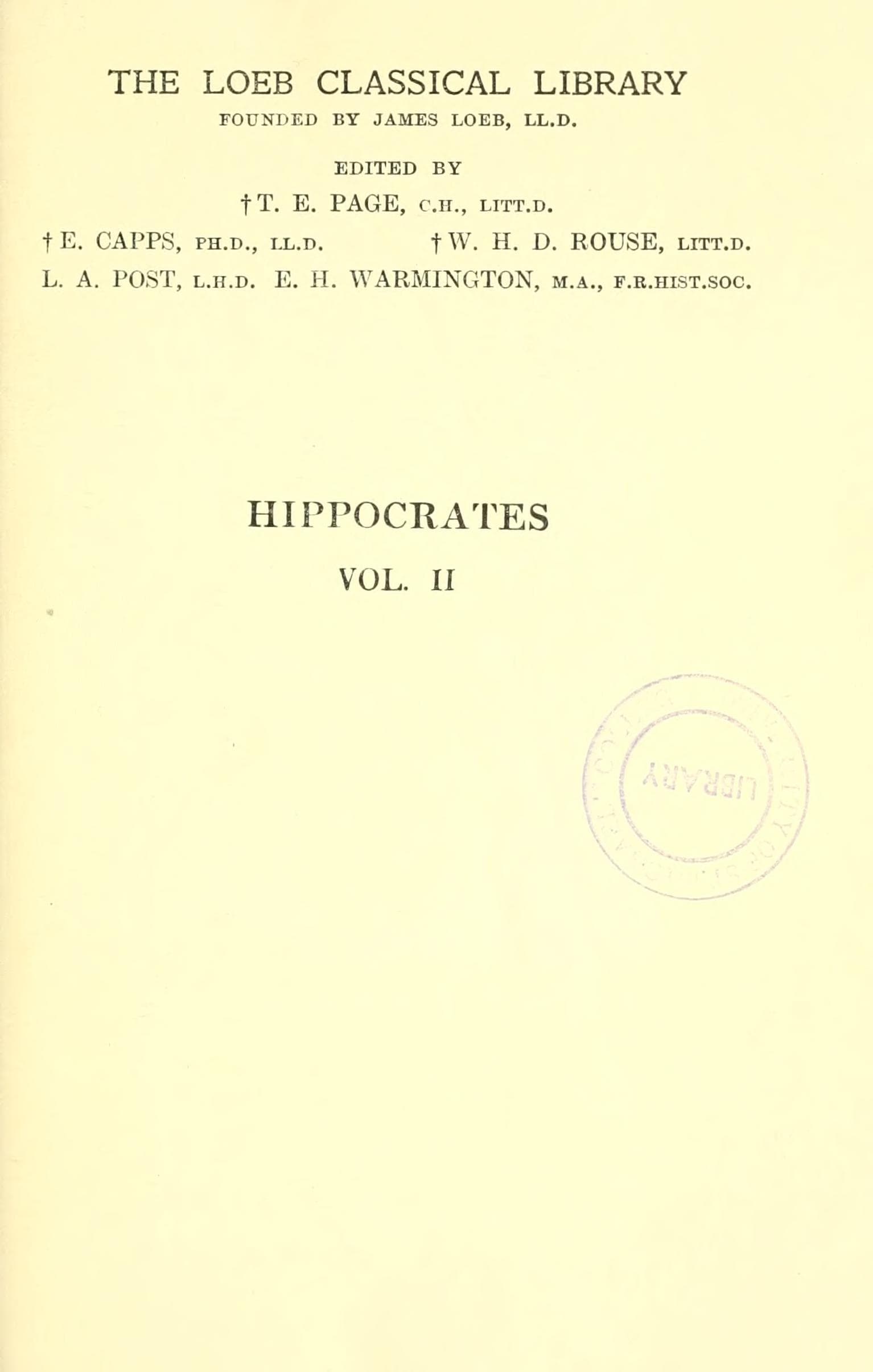 Hippocrates, Vol. II (Loeb Classical Library)