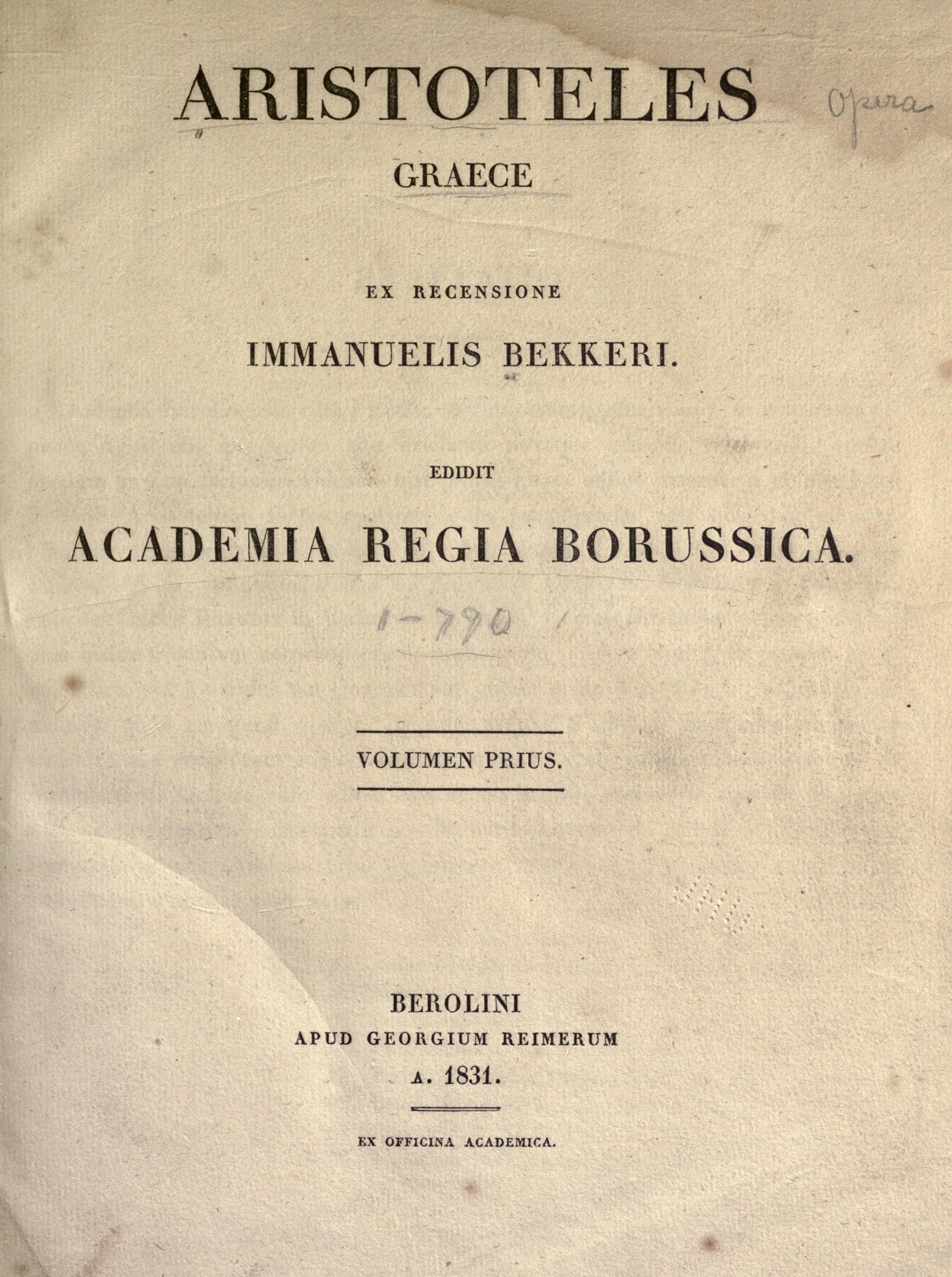 Aristotelis Opera, Vol. I (Bekker 1831)