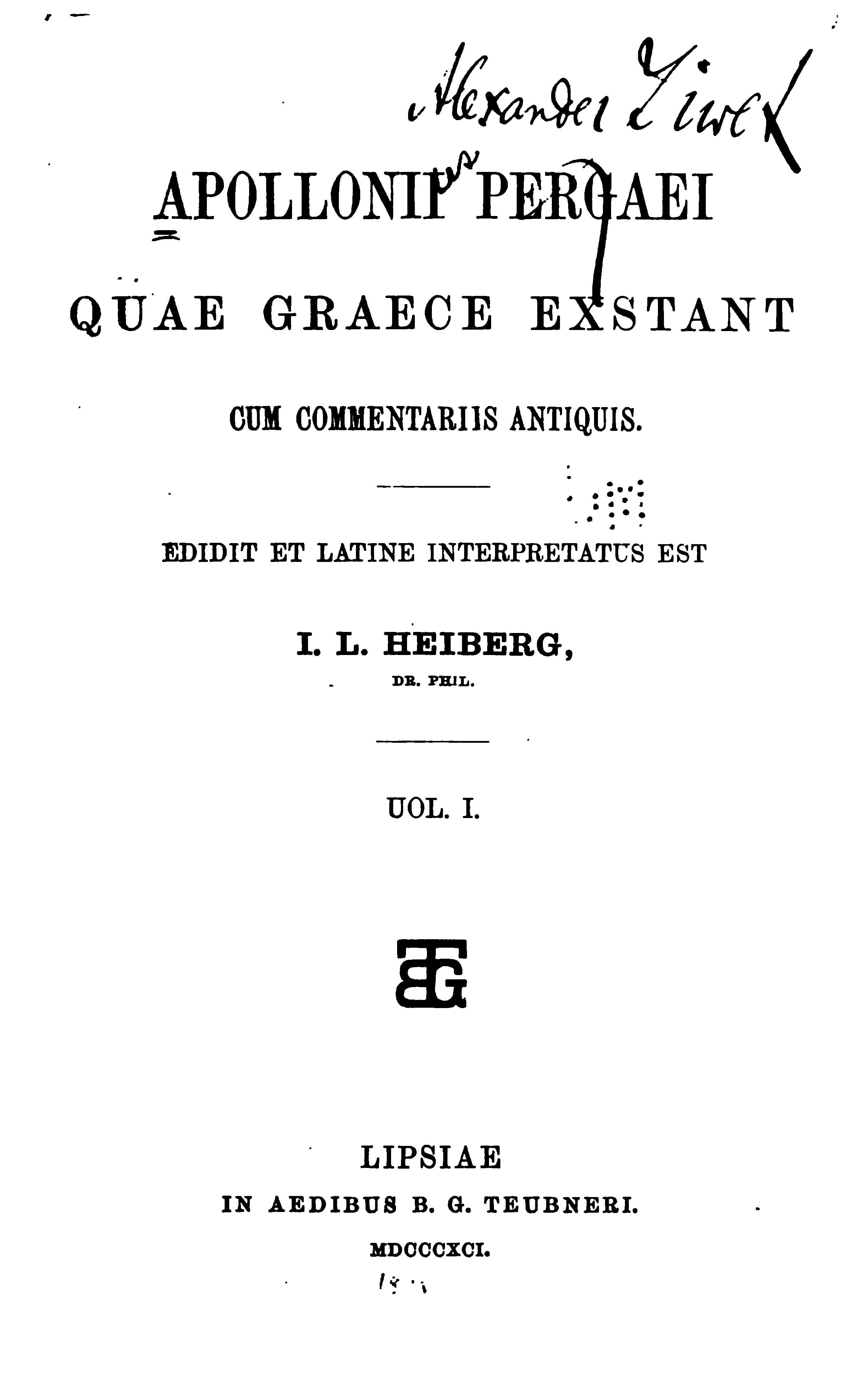 Apollonii Pergaei Quae Graece Exstant, Vol. I (Heiberg 1891)
