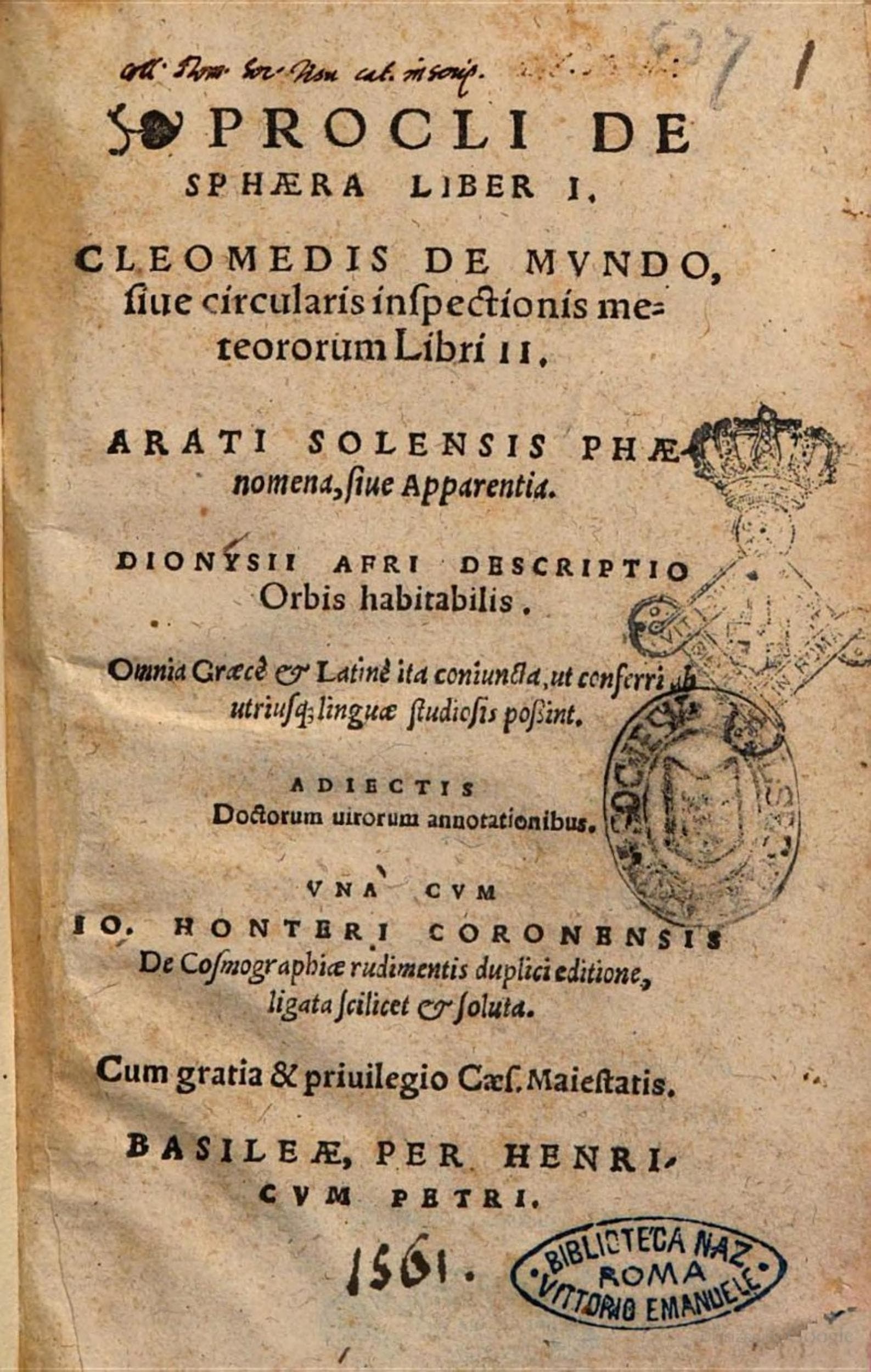 Procli De Sphaera, Cleomedis De Mundo, Arati Phaenomena (1561)