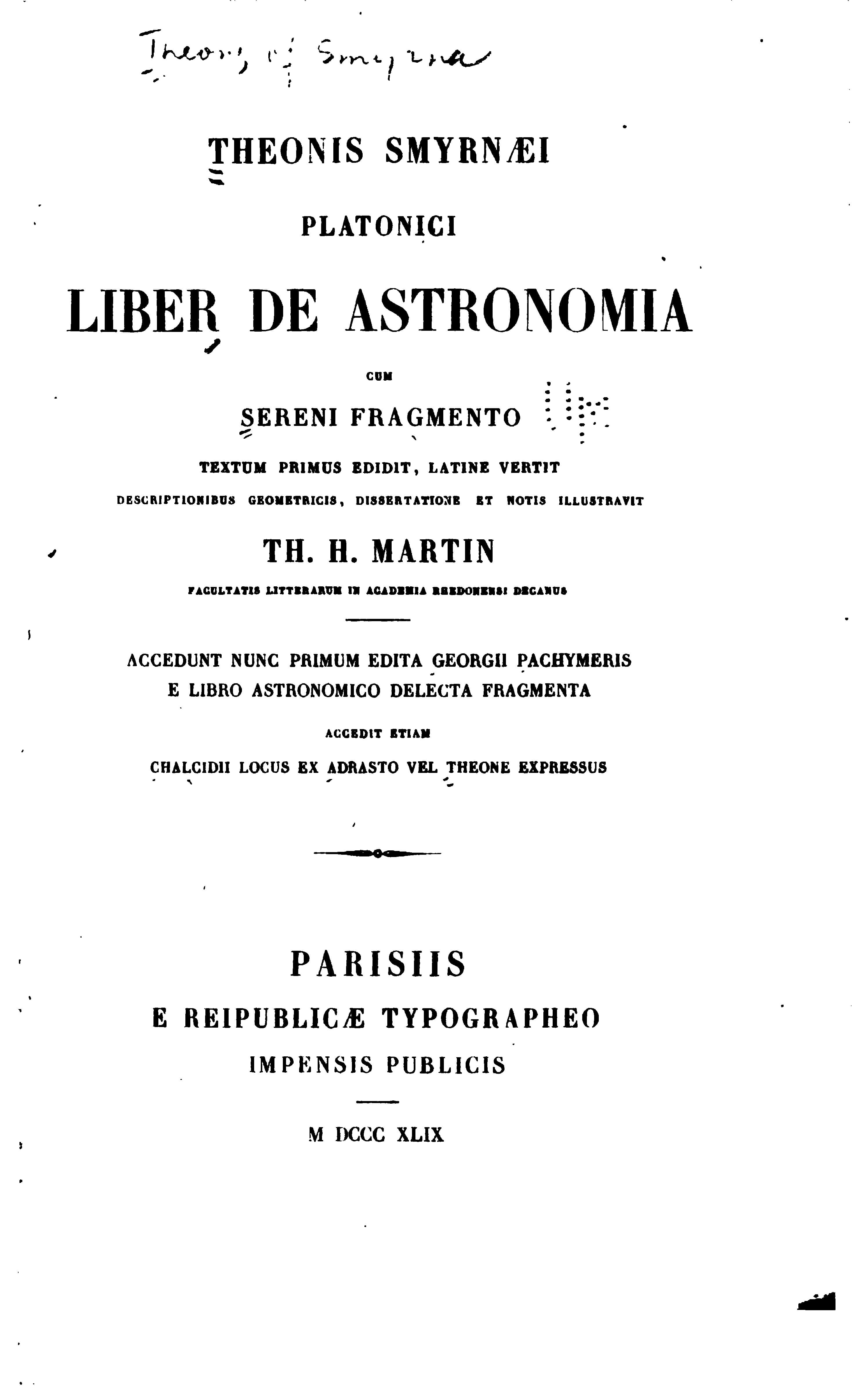 Theonis Smyrnaei Liber de Astronomia (1849)