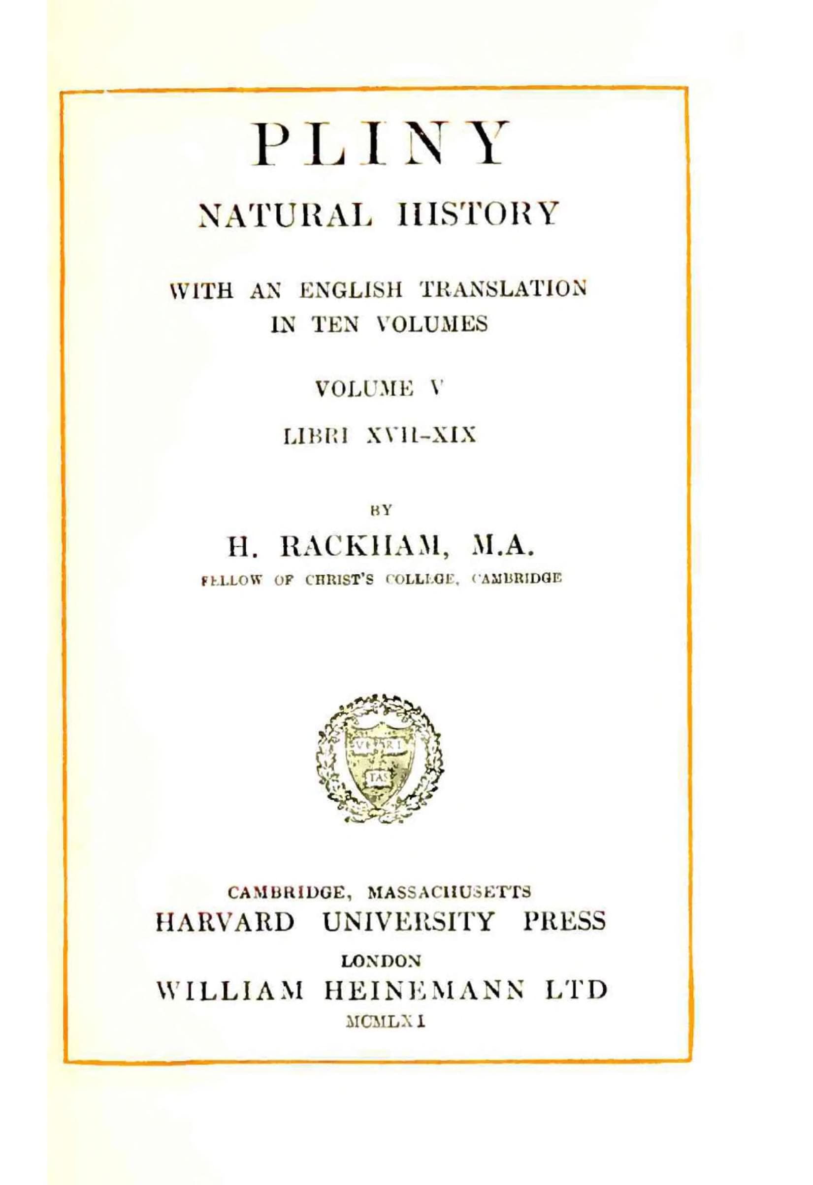Pliny: Natural History, Vol. V (Loeb)