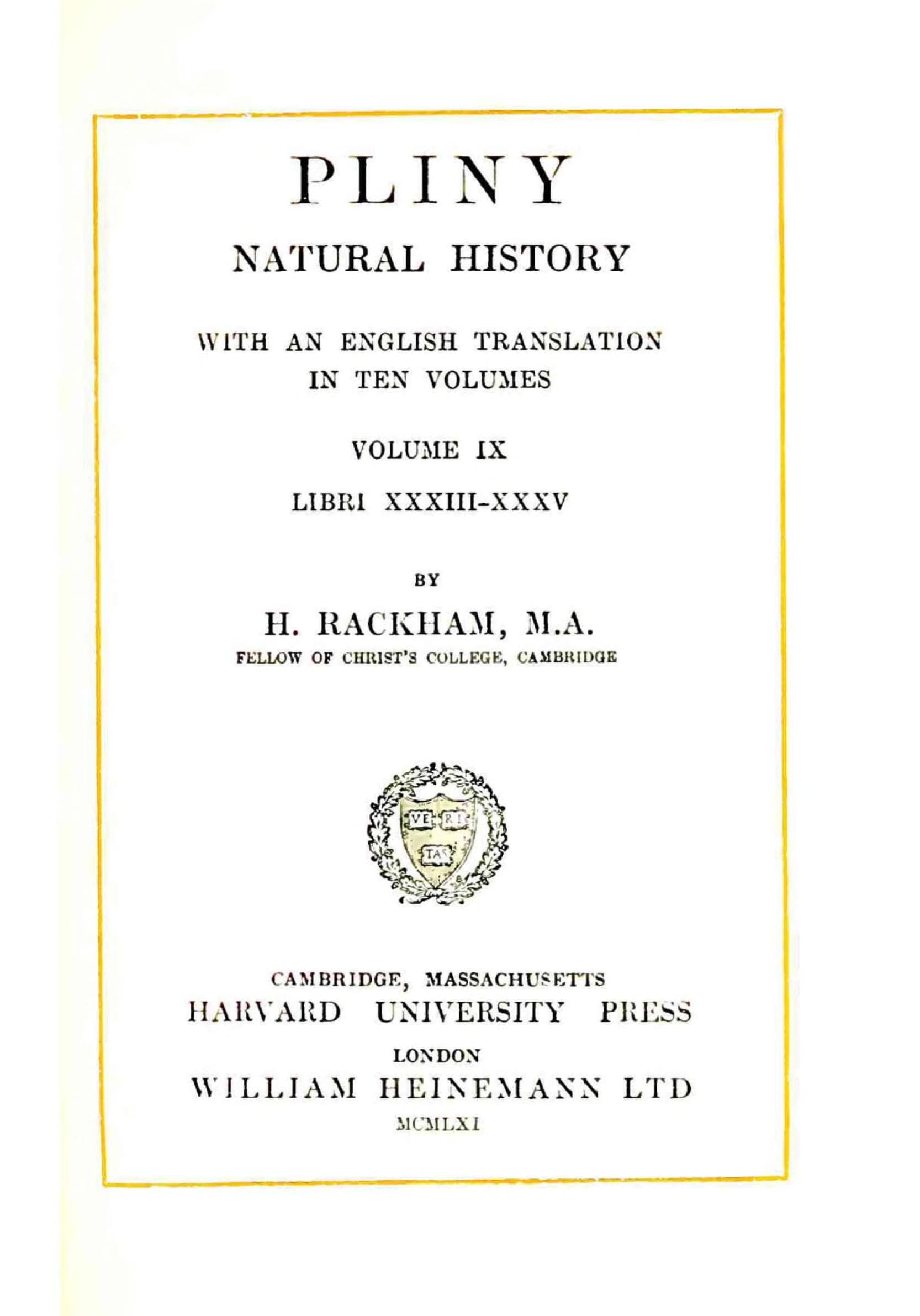 Pliny: Natural History, Vol. IX (Loeb)