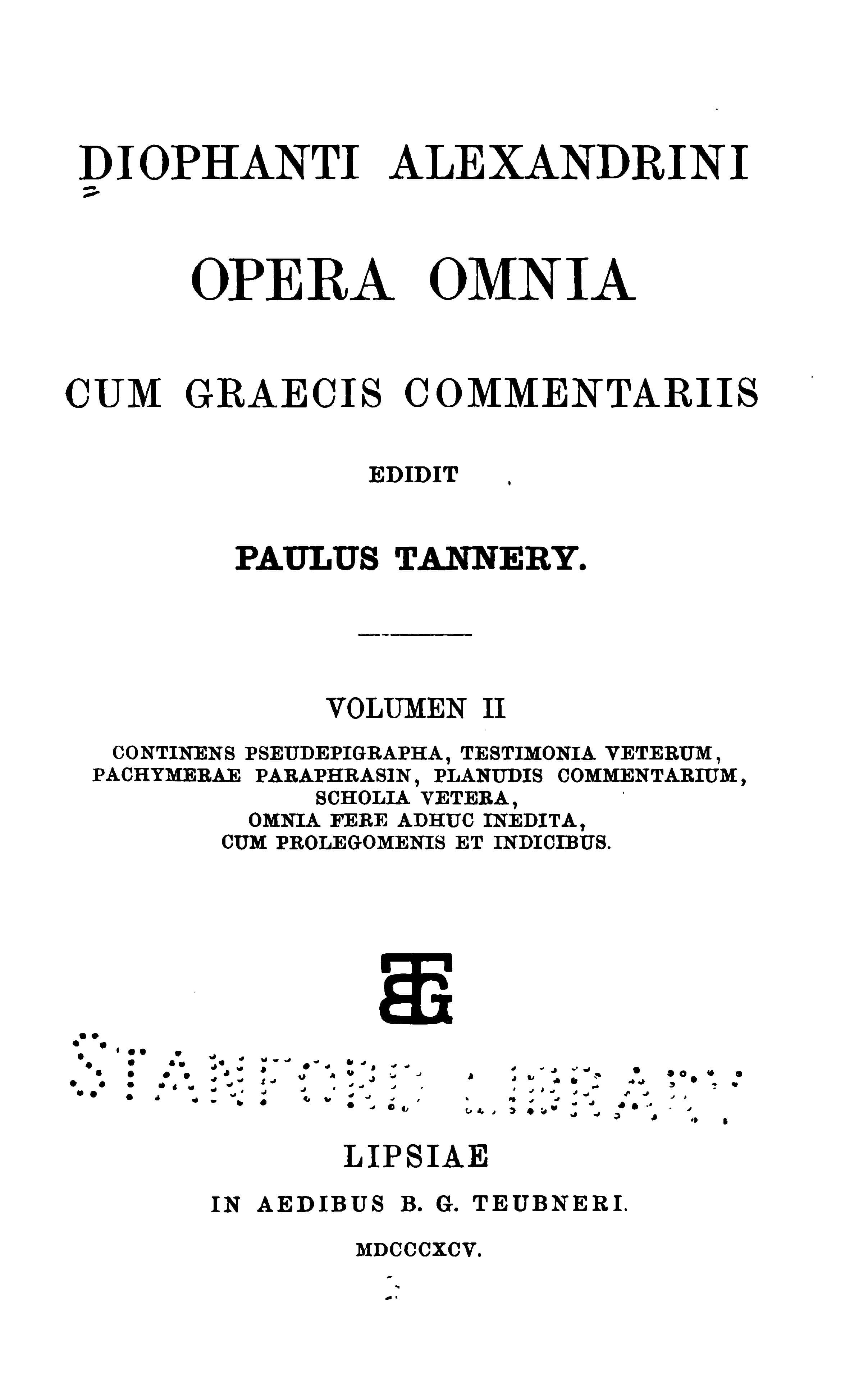 Diophanti Alexandrini Opera Omnia, Vol. 1