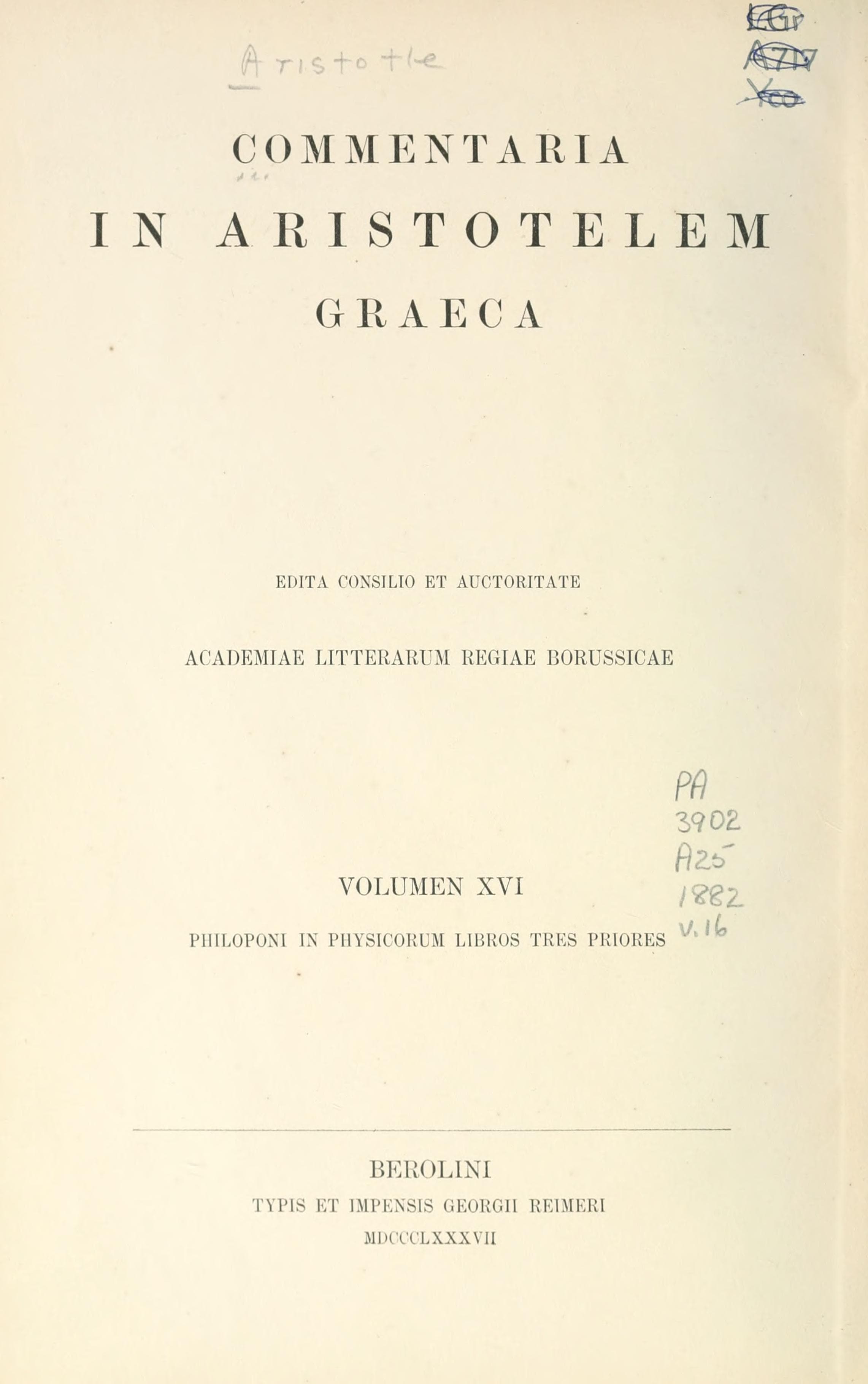 In Aristotelis Physicorum Libros Commentaria (CAG 16)