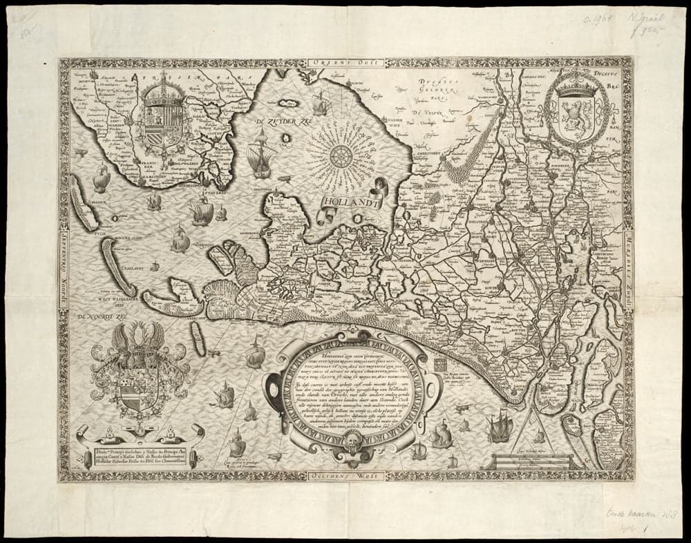 Hollandiae quae olim Catthorum sedes fuit nulli regioni fertilitate cedit divitiis abundat ... =, In dese caerte is met arbeijt cost ende moeite beschreven nae der conste der geographie tgraefschap van Hollandt ... /, [graveur:] C.D.H. [Cornelis de Hooghe?, Cornelius de Horen?].