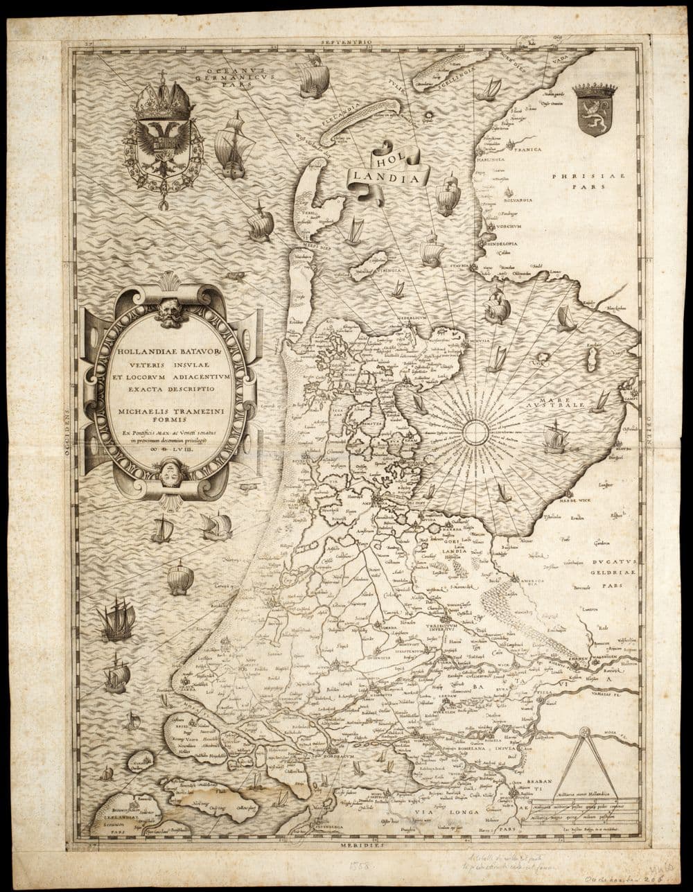 Hollandiae Batavor[um] veteris insulae et locorum adiacentium exacta descriptio /, [Jacob van Deventer] ; Jac. Bossius Baelga[!], in ae[!] incidebat.