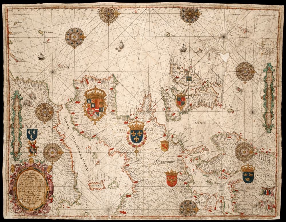 Die generale pascaerte vanden vermaerden Adriaen Gerritsen van Haerlem stierman ende een leermeester aller stierluijden :, seer gebetert omt verloopen der sanden ende gaten : ende dit mitsgaders alle sijn werck int licht gebracht van sijne weduwe met hulpe van zeer eerbare luijden /, Joannes a Doetecum fe.