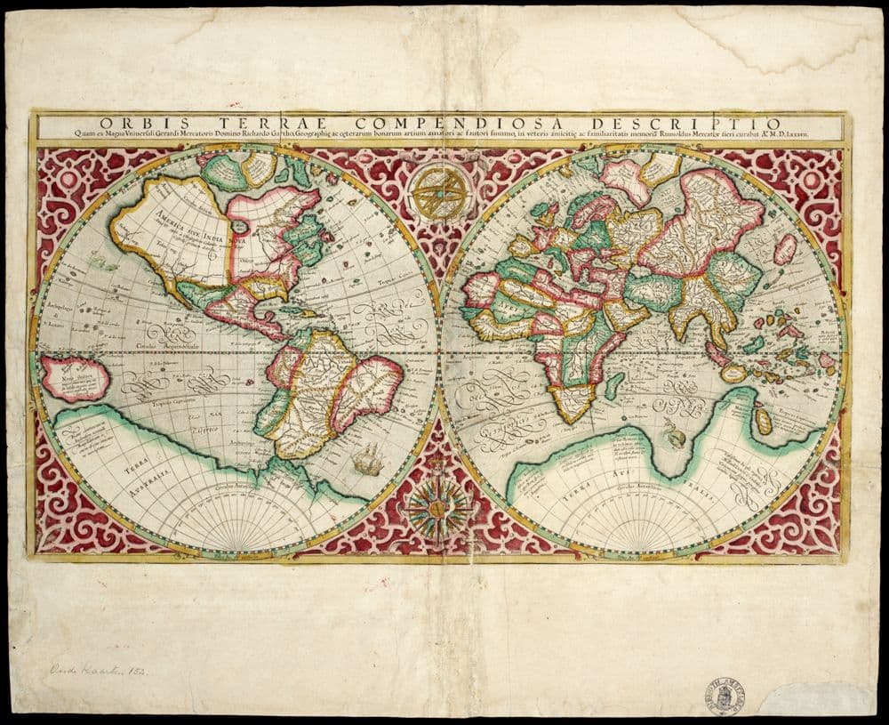 Orbis terrae compendiosa descriptio /, quam ex magna universali Gerardi Mercatoris domino Richardo Gartho, geographiae ac caeterarum bonarum artium amatori ac fautori summo, in veteris amicitiae ac familiaritatis memoriam Rumoldus Mercator fieri curabat A° MDLxxxvii.