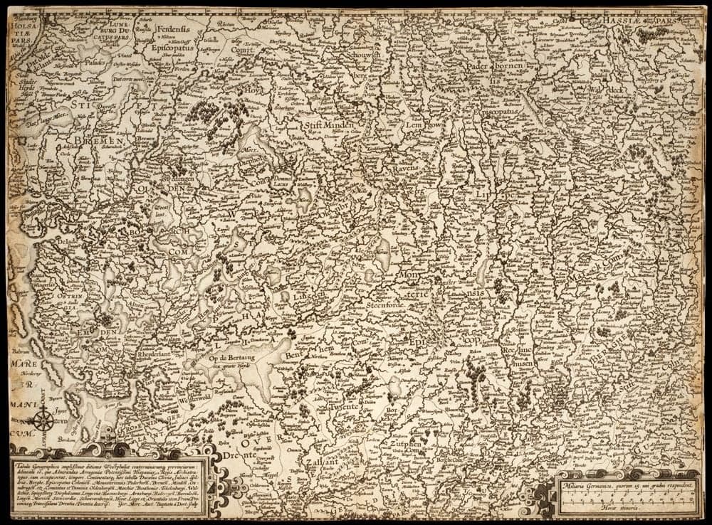 Tabula Gaeographica amplissimae ditionis Westphaliae conterminarumque provinciarum :, delineata eo, quo Admirandus Arragoniae potentissimi Hispaniarum Regis archistrategus , eam occupaverat, tempore : continenturque haec tabella ducatus Cliviae ... /, Ger. Merc. auct. ; Baptista á Doet. sculp.