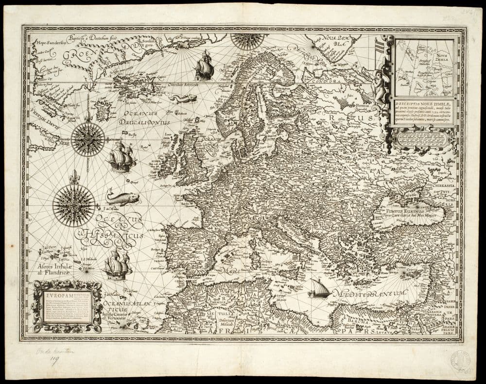 Europam ab Asia & Africa segregant Mare mediterraneum, Euxinus Pontus (nunc Mare Majus) Palus Meotides, Fluminaque Tanais et Duina, ... /, [Petrus Plancius] ; Baptista á Doetechum fecit.