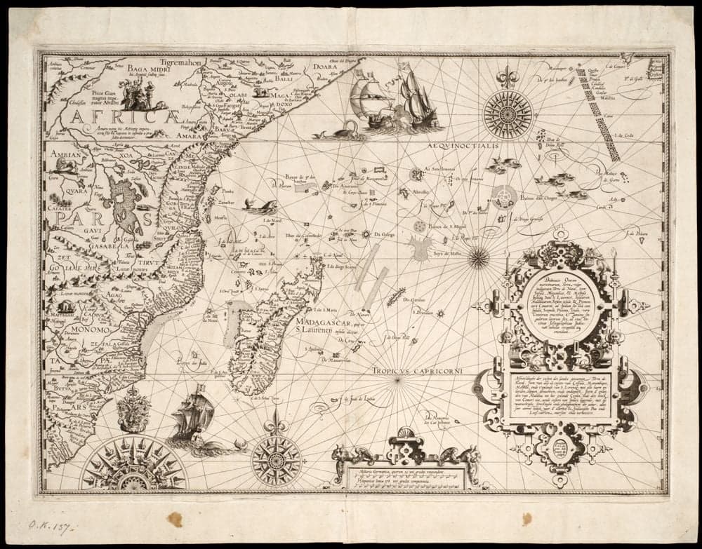 Delineatio orarum maritimarum, Terrae vulgo indigetatae Terra do Natal ... /, ad exactissimas ichnographicas Indicarum tabulas recognita atque emendata = Affbeeldinghe der custen des landts genaempt Terra do Natal, item van alle de custen van Coffala, Mozambique, Melinde, ende t'eylandt van S. Lorenzo: met alle haere eylanden, clippen, droochten, ende ondiepten. Item d'eylanden van Maldiva tot het eylandt Çeylon, ende den hoeck van Comori toe, aende custen van Indien liggende / met de waerachtighe streckinghe ende gheleghentheyt der zelver, alles seer correctelijck naer d'allerbeste Indiaensche pas ende lees-caerten, oversien ende verbeetert / Arnoldus F. à Langren delineavit & sculpsit.