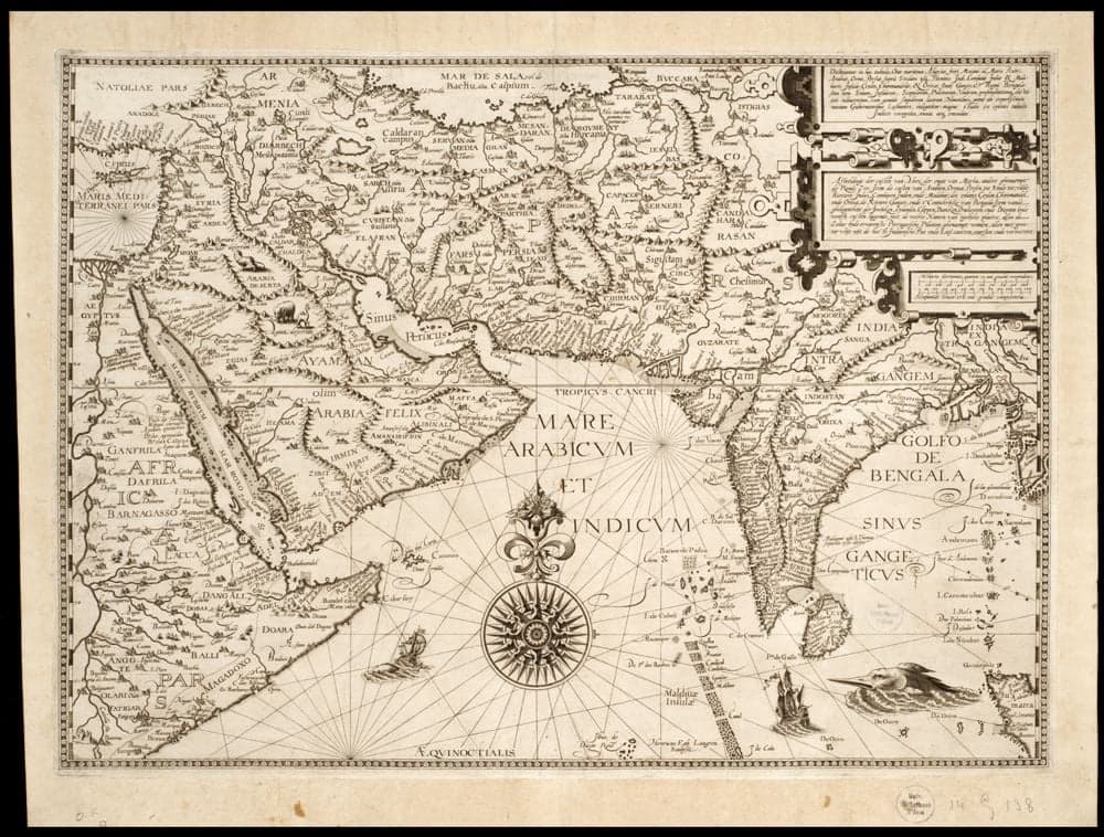 Deliniantur in hac tabula orae maritimae Abexiae, freti Mecani al Maris Rubri ... /, magno studio ex optimis tabulis Indicis recognita, omnia atque emendata = Afbeeldinge der custen van Abex, der engte van Mecha, anders ghenaempt de Roode Zee, item de custen van Arabien, Ormus, Persen, tot Sinde toe, vanden rieviere Indus, Cambayen, Indien, ende Malabar, des eylants Ceylon, Choromandel, ende Orixa, de rijviere Ganges, ende t'Coninckrijcke van Bengala, item vande ghelegentheijt der inwijcken, eylanden, clippen, bancken, ondiepten ende diepten byde voorschreven custen liggende, met de rechte namen van igelijcke plaetse, alsoo de zelve byde ervarenste Portugeesche pilooten ghenaempt worden / alles met grooter vlijt uijt de beste Indiaensche pas ende lees-caerten, oversien ende verbeetert / Henricus F. ab Langren sculpsit.